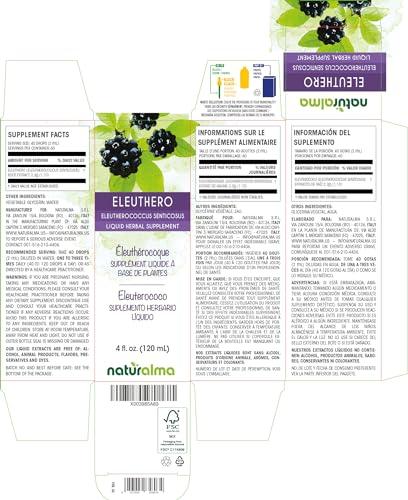 Naturalma Eleuthero or Siberian Ginseng (Eleutherococcus senticosus) Root Alcohol-Free Tincture - Liquid Extract in Drops - Herbal Supplement - Vegan