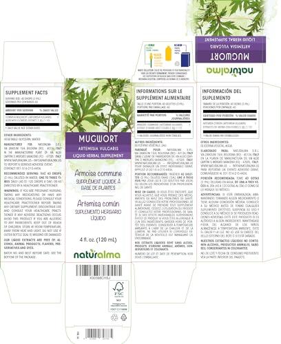 Naturalma Mugwort (Artemisia vulgaris) herb with Flowers Alcohol-Free Tincture - Liquid Extract in Drops - Herbal Supplement - Vegan