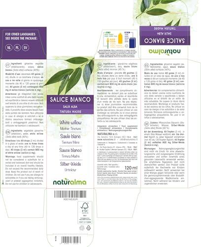 Naturalma White willow (Salix alba) bark Alcohol-free Tincture - Liquid extract in drops - Herbal supplement - Vegan