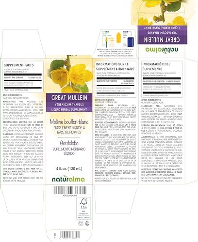Naturalma Great mullein (Verbascum thapsus) flower and leaf Alcohol-free Tincture - Liquid extract in drops - Herbal supplement - Vegan