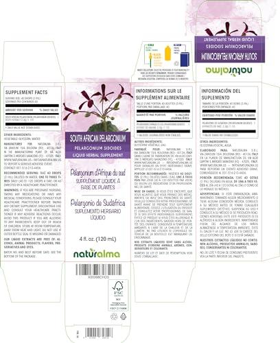 Naturalma South African pelargonium (Pelargonium sidoides) root Alcohol-free Tincture - Liquid extract in drops - Herbal supplement - Vegan