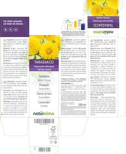 Naturalma Dandelion (Taraxacum officinale) Root and herb Tincture - Liquid Extract in Drops - Herbal Supplement - Vegan