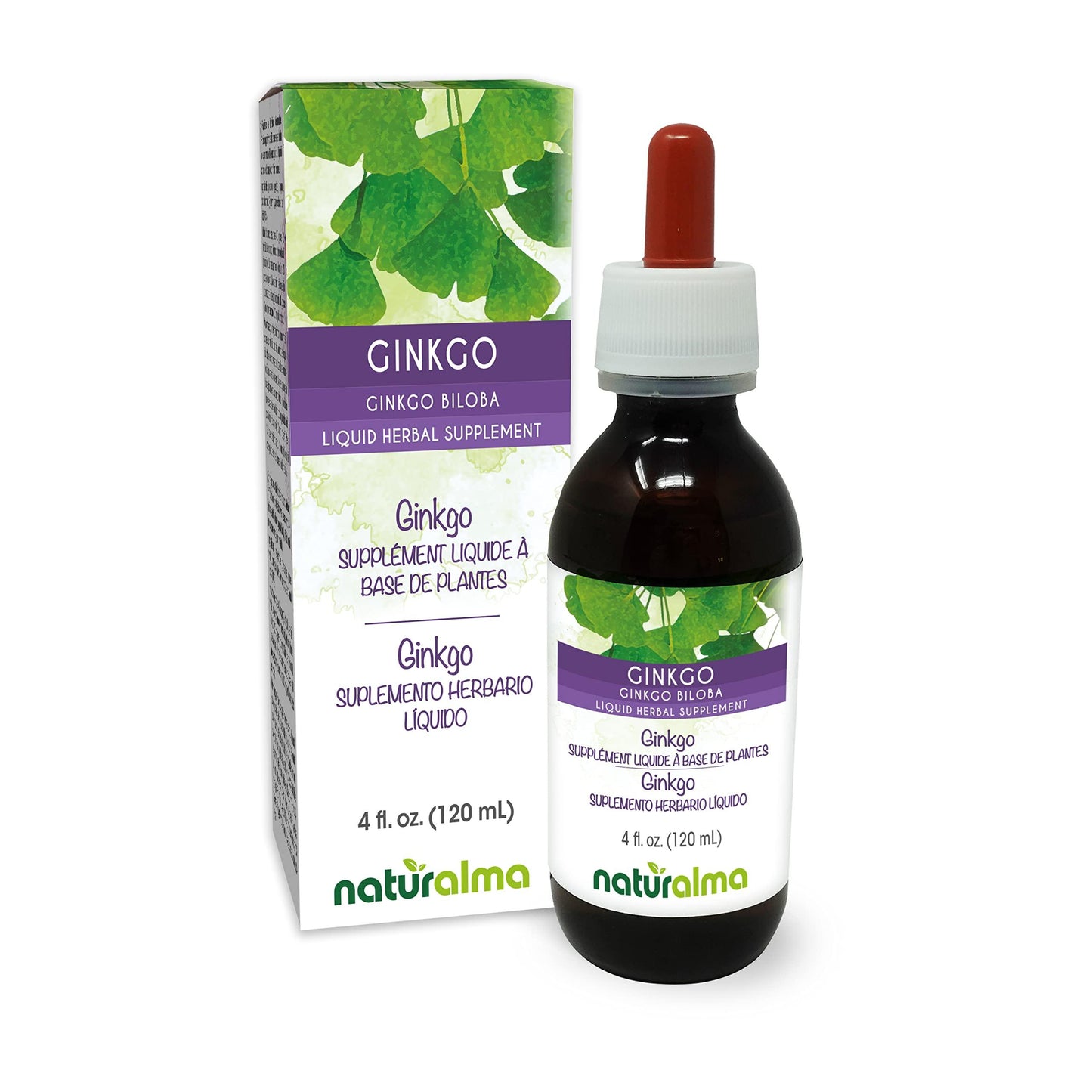 Naturalma Ginkgo (Ginkgo biloba) leaf Alcohol-free Tincture - 4 fl oz Liquid extract in drops - Herbal supplement - Vegan