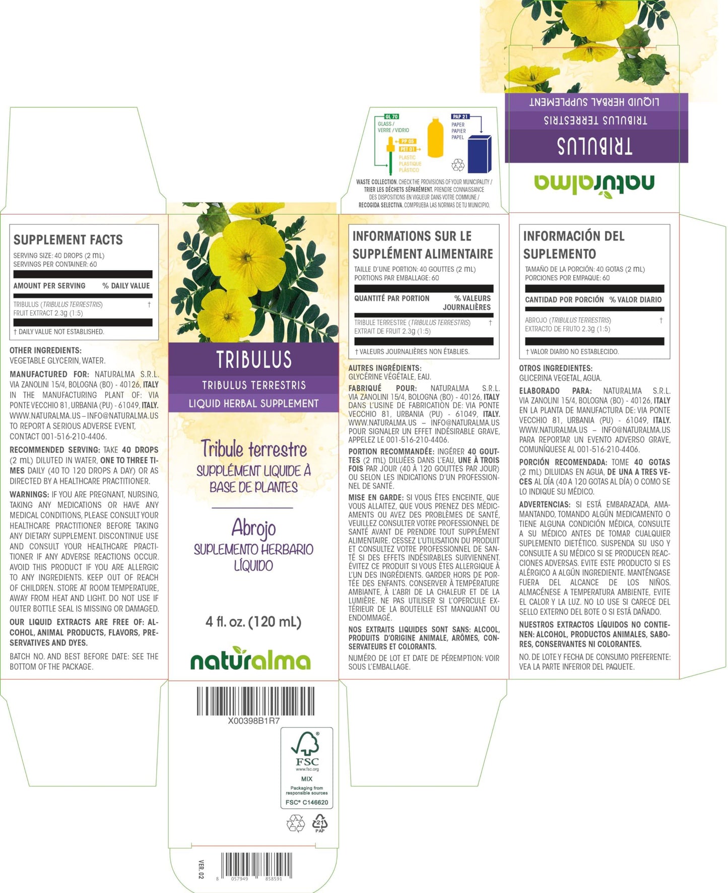 Naturalma Tribulus (Tribulus terrestris) Fruit Alcohol-Free Tincture - Liquid Extract in Drops - Herbal Supplement - Vegan