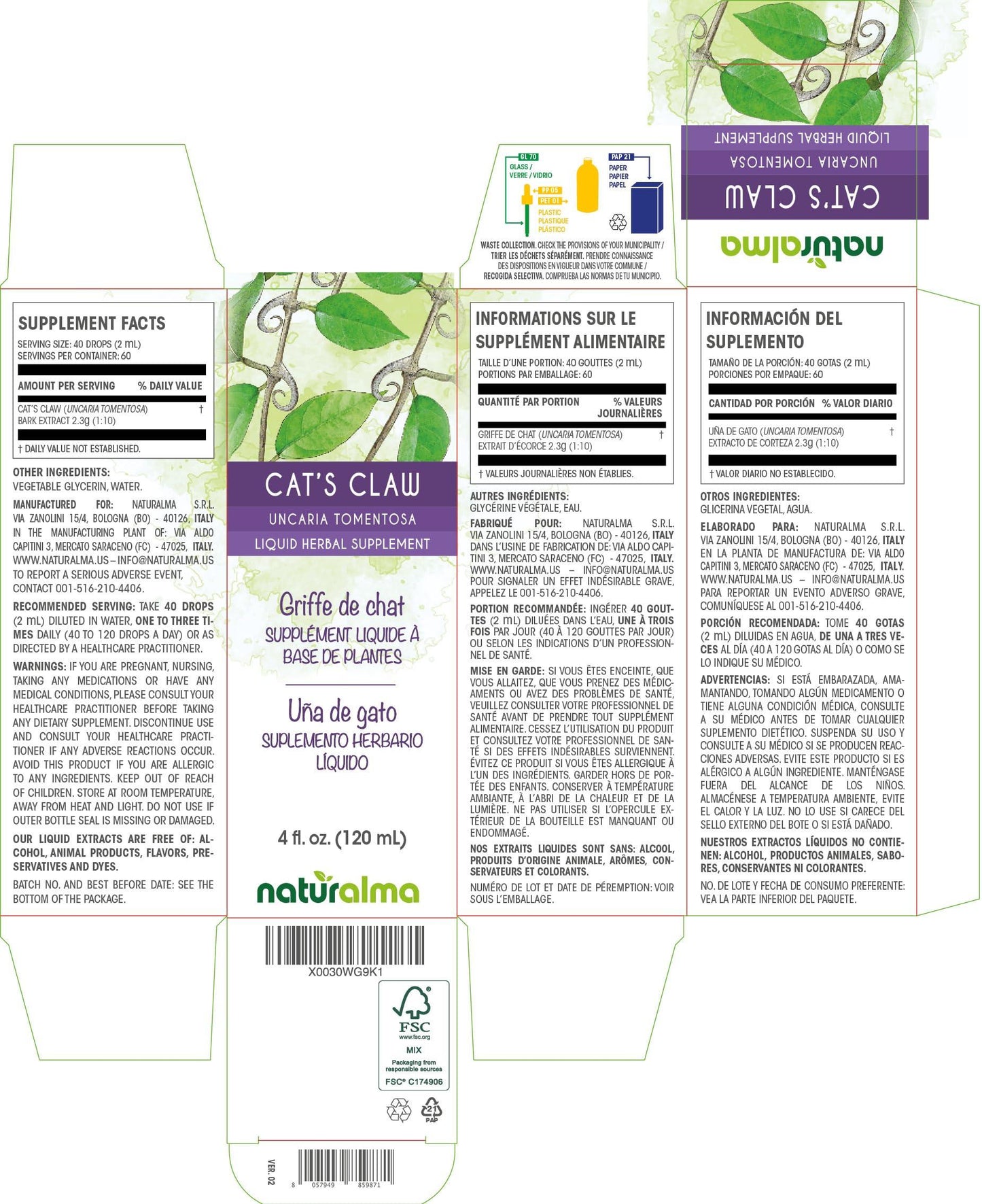 Naturalma Cat's Claw (Uncaria tomentosa) bark Tincture - Liquid Extract in Drops - Herbal Supplement - Vegan