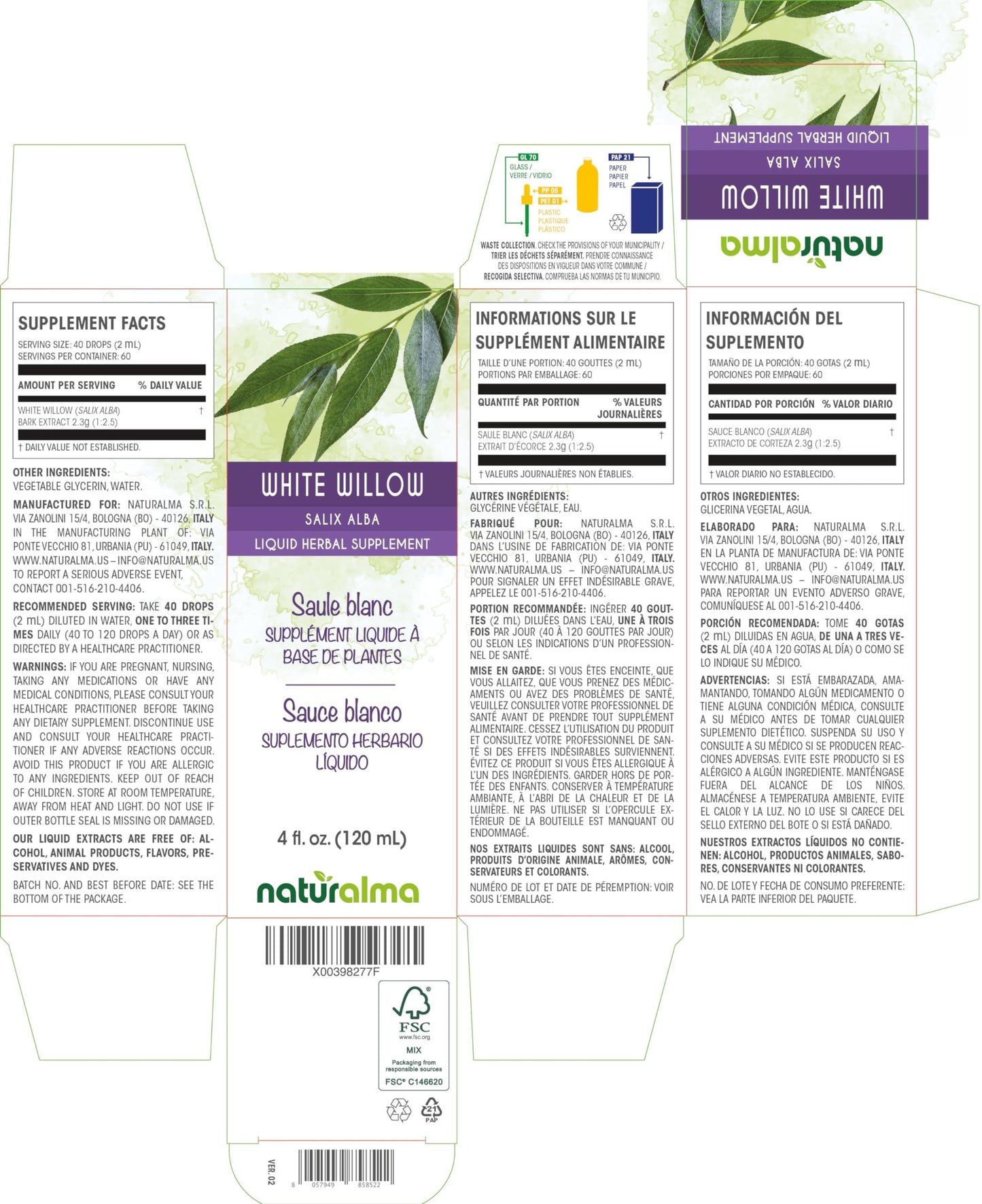 Naturalma White willow (Salix alba) bark Alcohol-free Tincture - Liquid extract in drops - Herbal supplement - Vegan