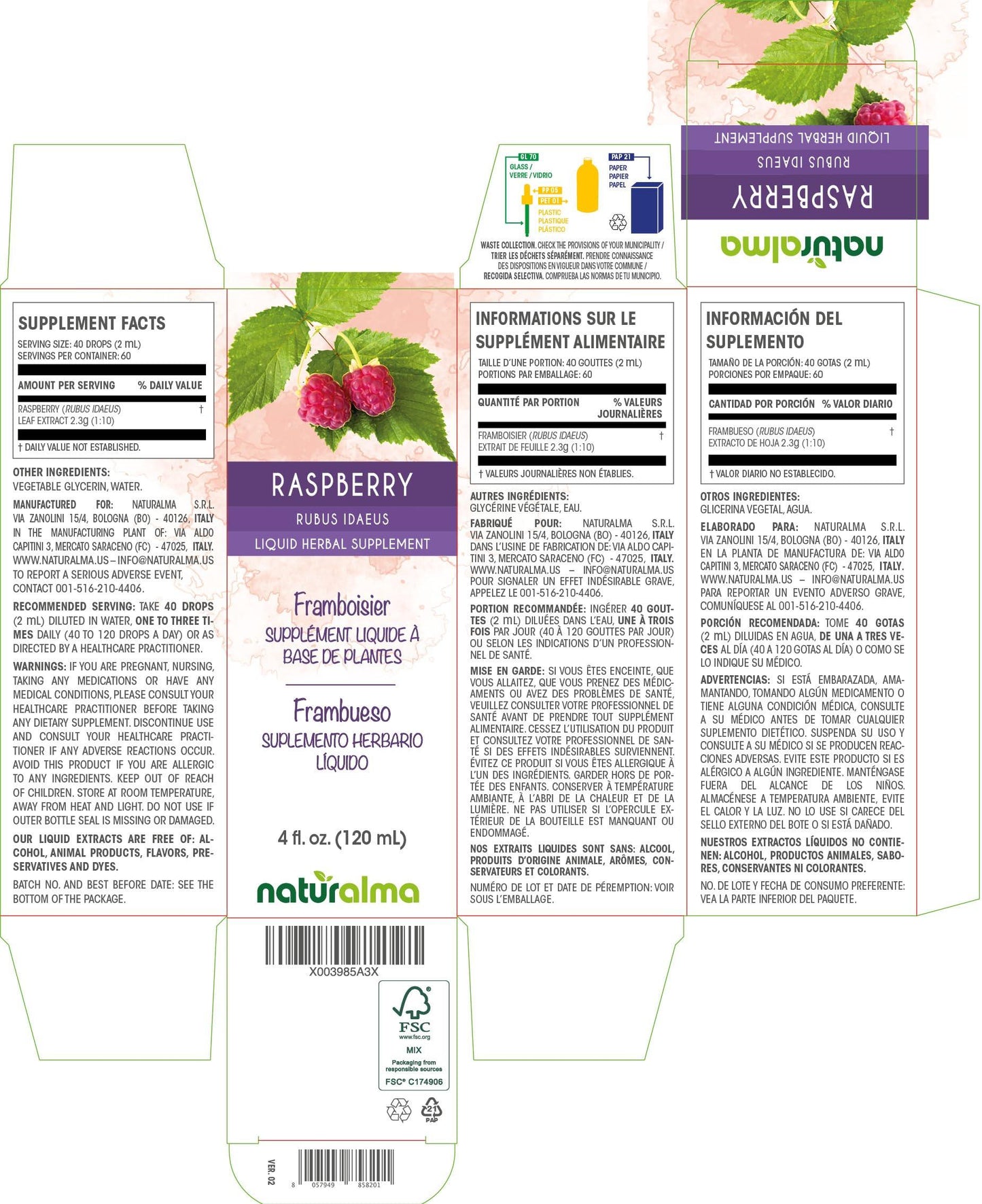 Naturalma Raspberry (Rubus idaeus) leaf Alcohol-free Tincture - Liquid extract in drops - Herbal supplement - Vegan