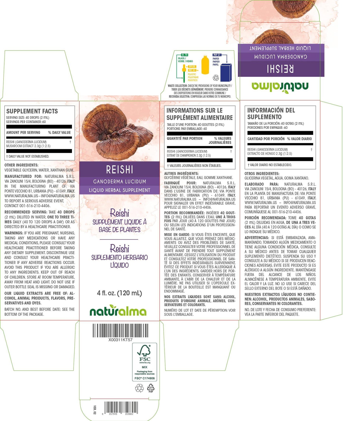 Naturalma Reishi (Ganoderma lucidum) Fungus or Mushroom Alcohol-Free Tincture - Liquid Extract in Drops - Herbal Supplement - Vegan