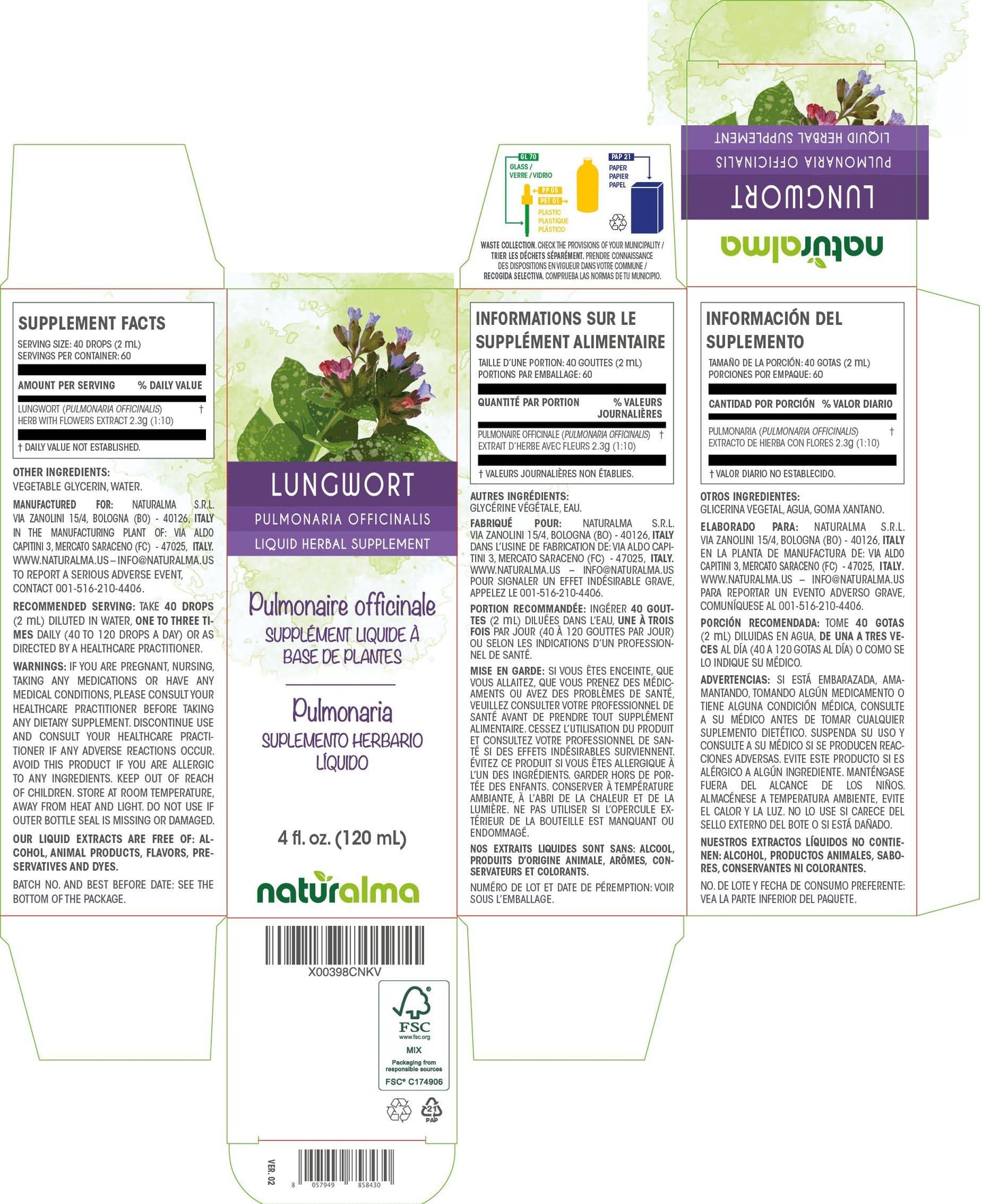 Naturalma Lungwort (Pulmonaria officinalis) herb with flowers Alcohol-free Tincture - Liquid extract in drops - Herbal supplement - Vegan