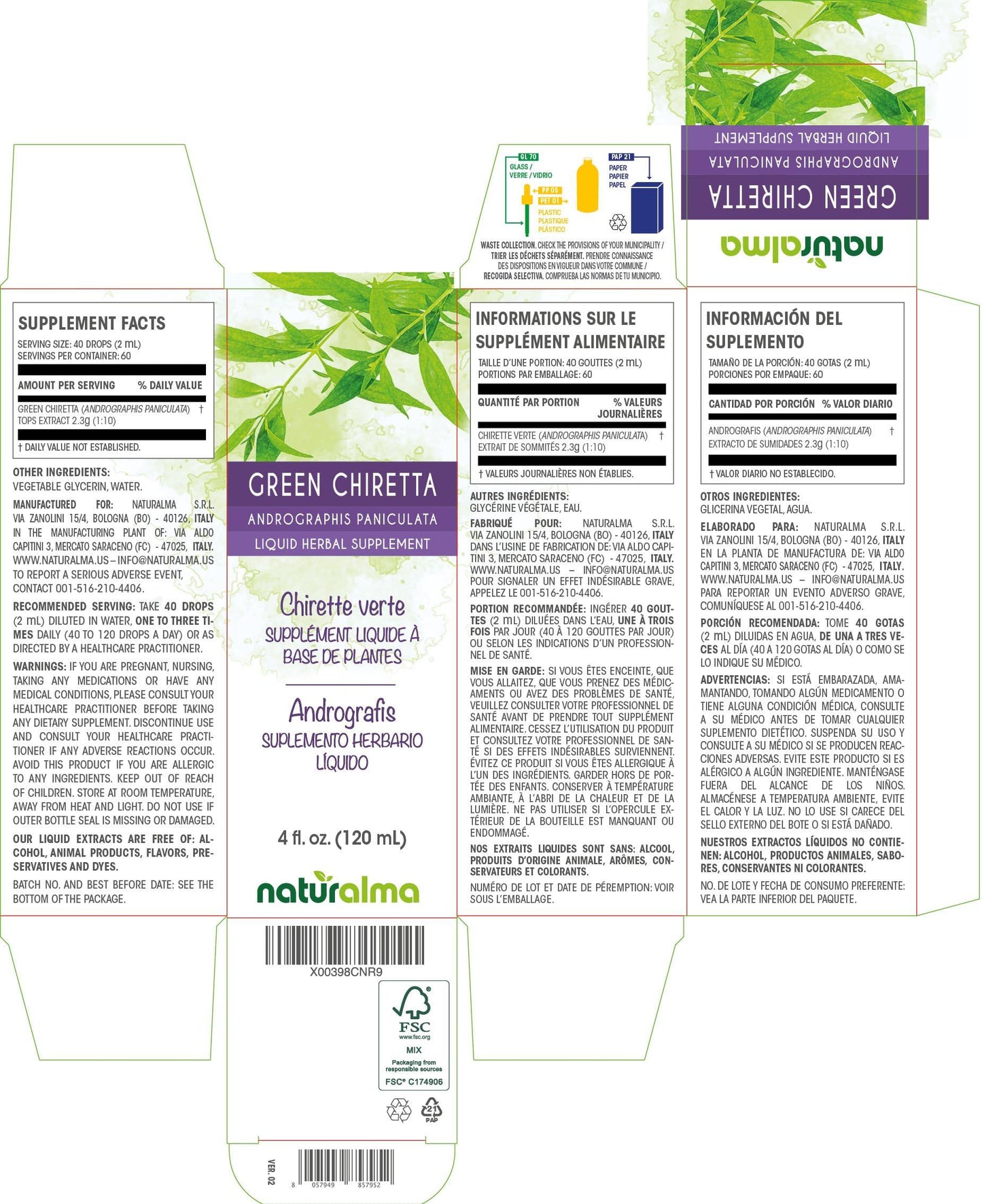 Naturalma Green chiretta (Andrographis paniculata) tops Alcohol-free Tincture - Liquid extract in drops - Herbal supplement - Vegan