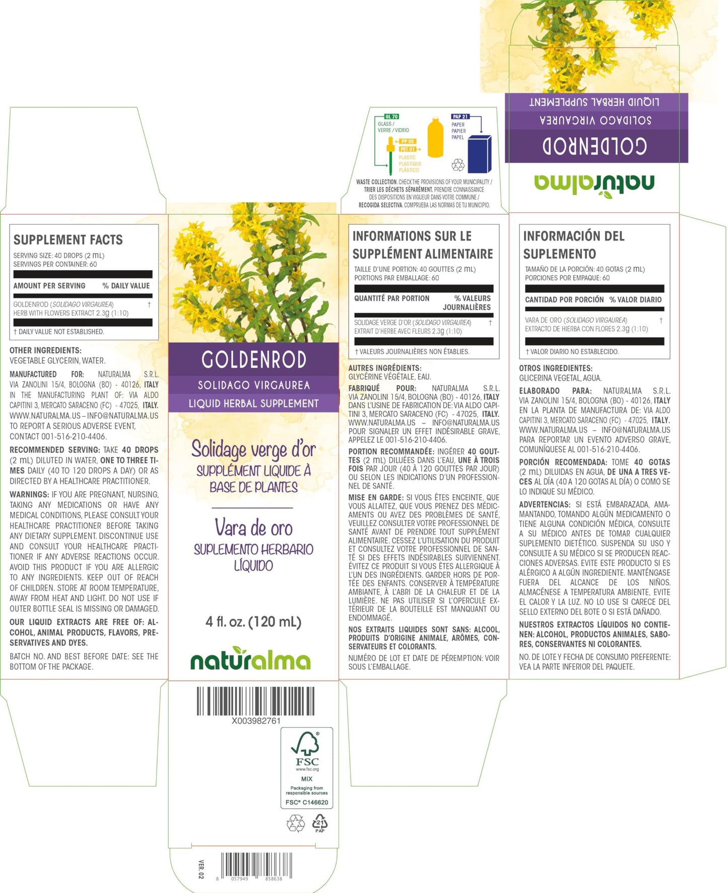 Naturalma Goldenrod (Solidago virgaurea) herb with Flowers Alcohol-Free Tincture - Liquid Extract in Drops - Herbal Supplement - Vegan