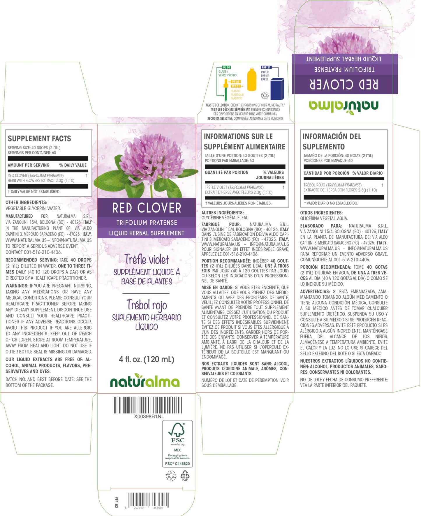 Naturalma Red Clover (Trifolium pratense) herb with Flowers Alcohol-Free Tincture - Liquid Extract in Drops - Herbal Supplement - Vegan