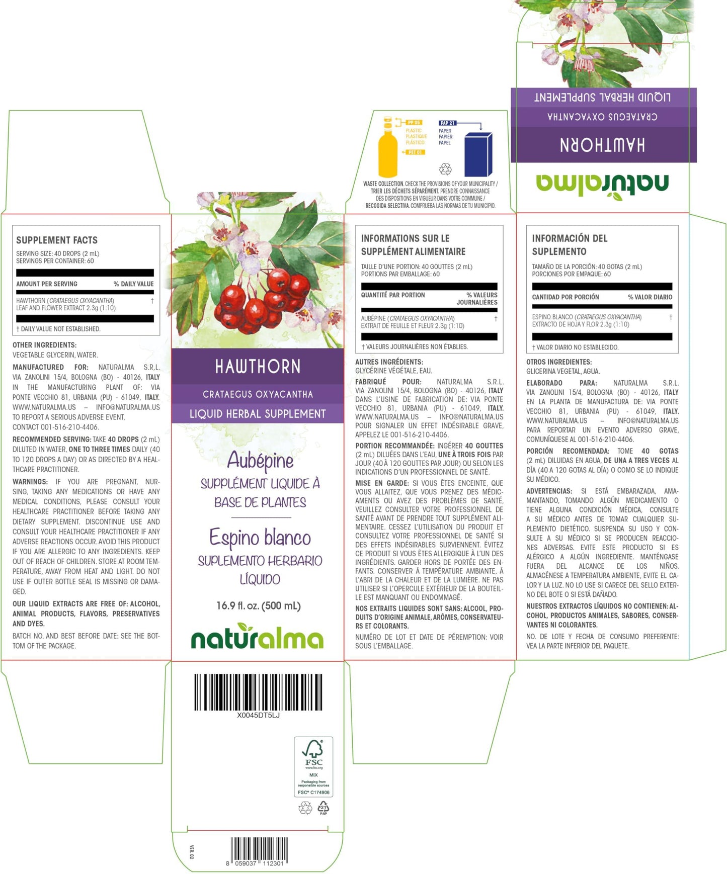 Naturalma Hawthorn (Crataegus oxyacantha) leaf and flower Tincture - Liquid extract in drops - Herbal supplement - Vegan
