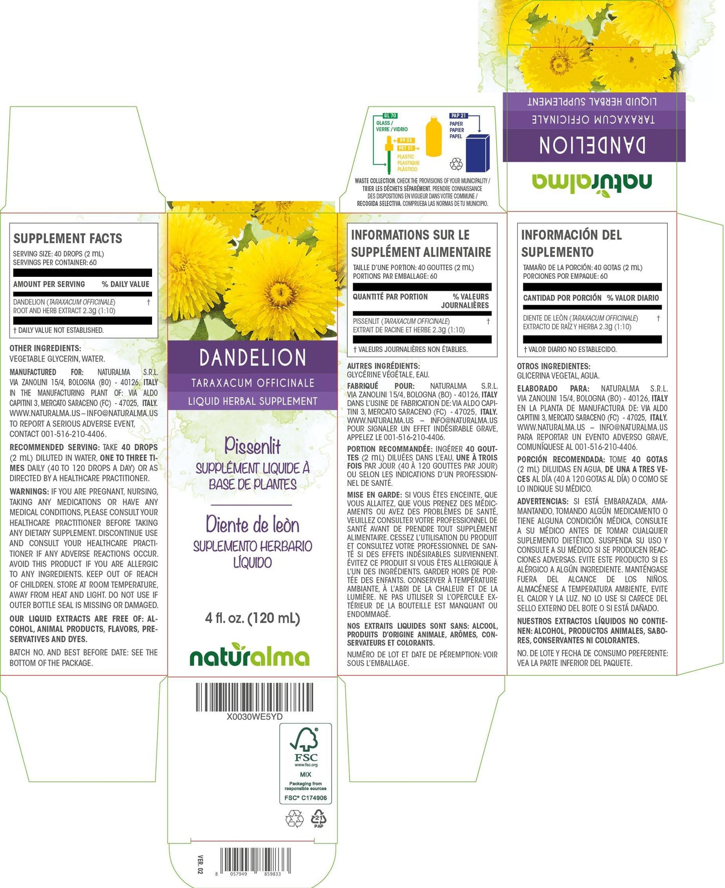 Naturalma Dandelion (Taraxacum officinale) Root and herb Tincture - Liquid Extract in Drops - Herbal Supplement - Vegan