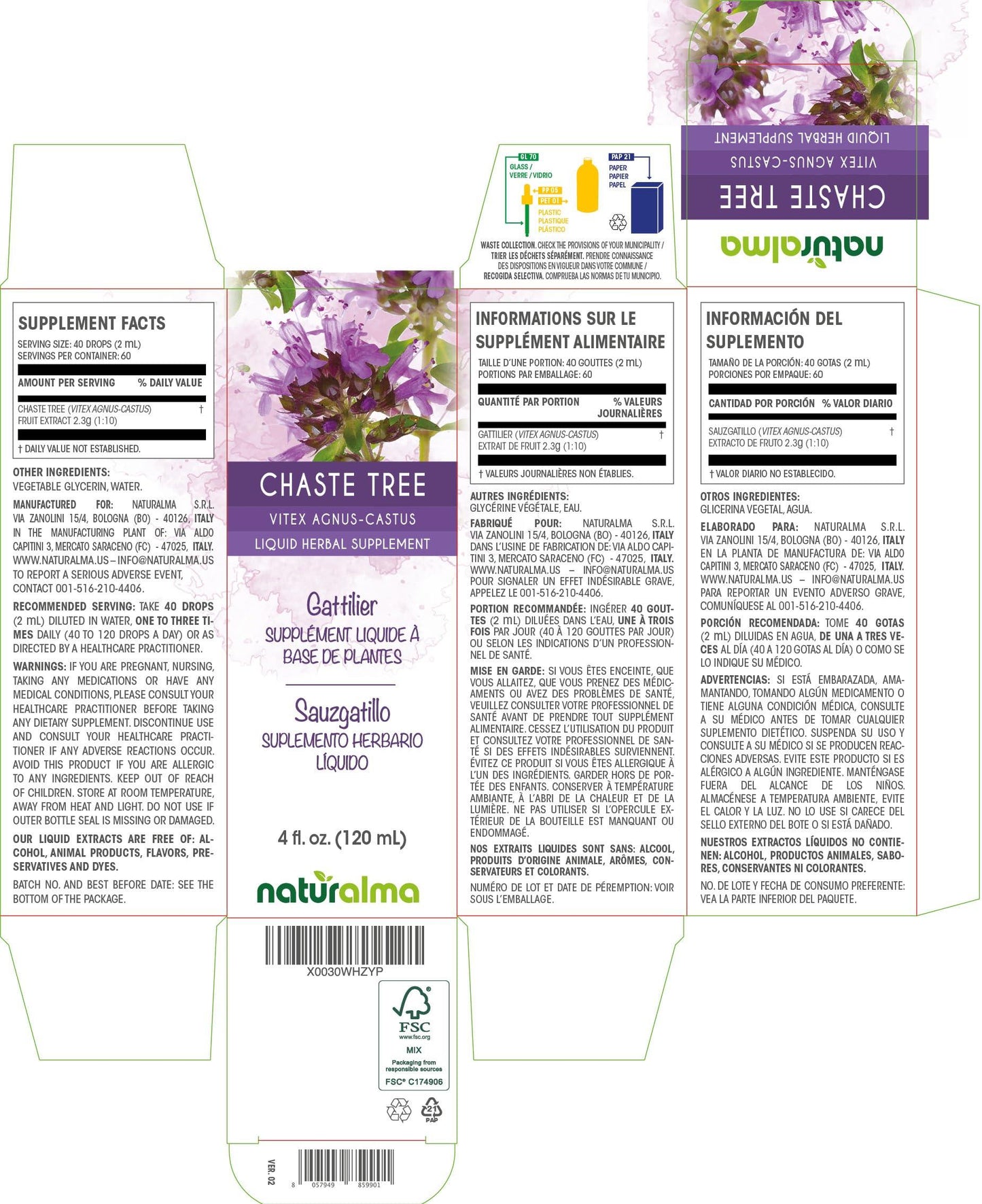 Naturalma Chaste Tree (Vitex agnus-castus) fruit Alcohol-free Tincture - 4 fl oz Liquid extract in drops - Herbal supplement - Vegan