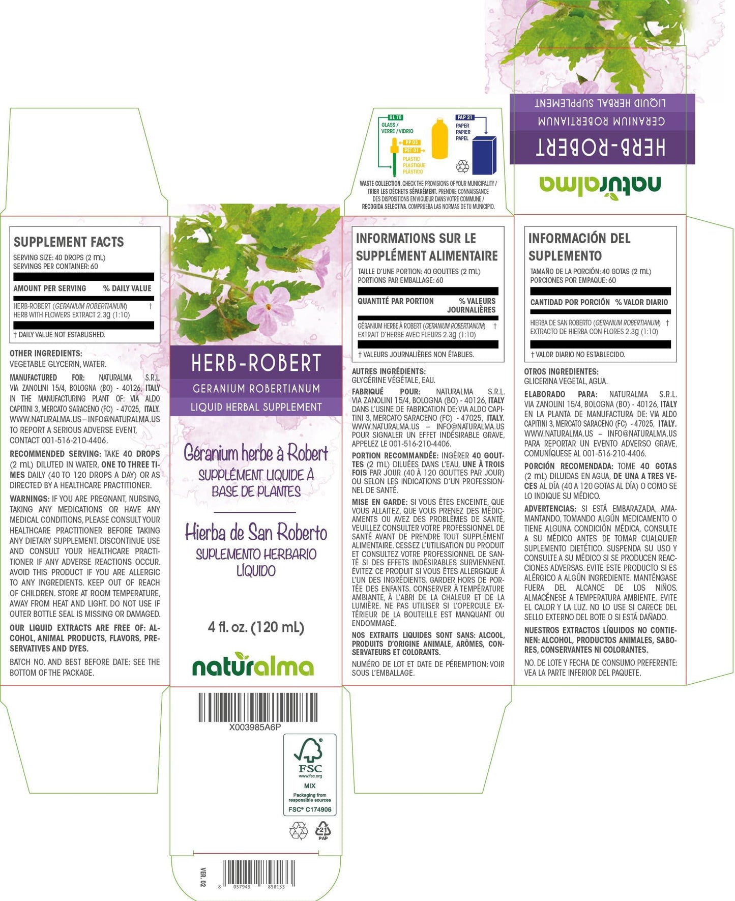 Naturalma Herb Robert (Geranium robertianum) herb with flowers Alcohol-free Tincture - Liquid extract in drops - Herbal supplement - Vegan