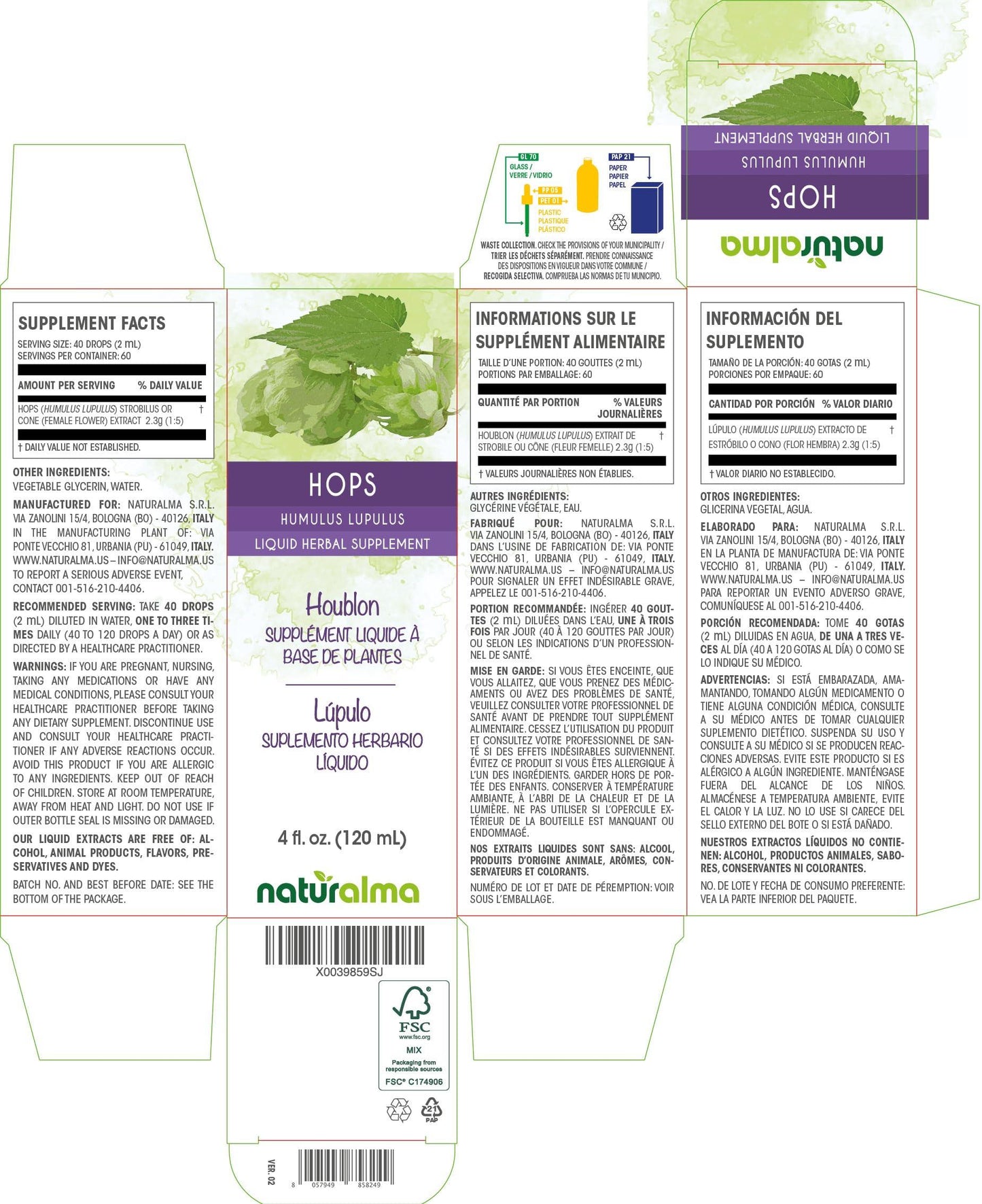 Naturalma Hops (Humulus lupulus) strobilus or cone (female flowers) Alcohol-free Tincture - Liquid extract in drops - Herbal supplement - Vegan