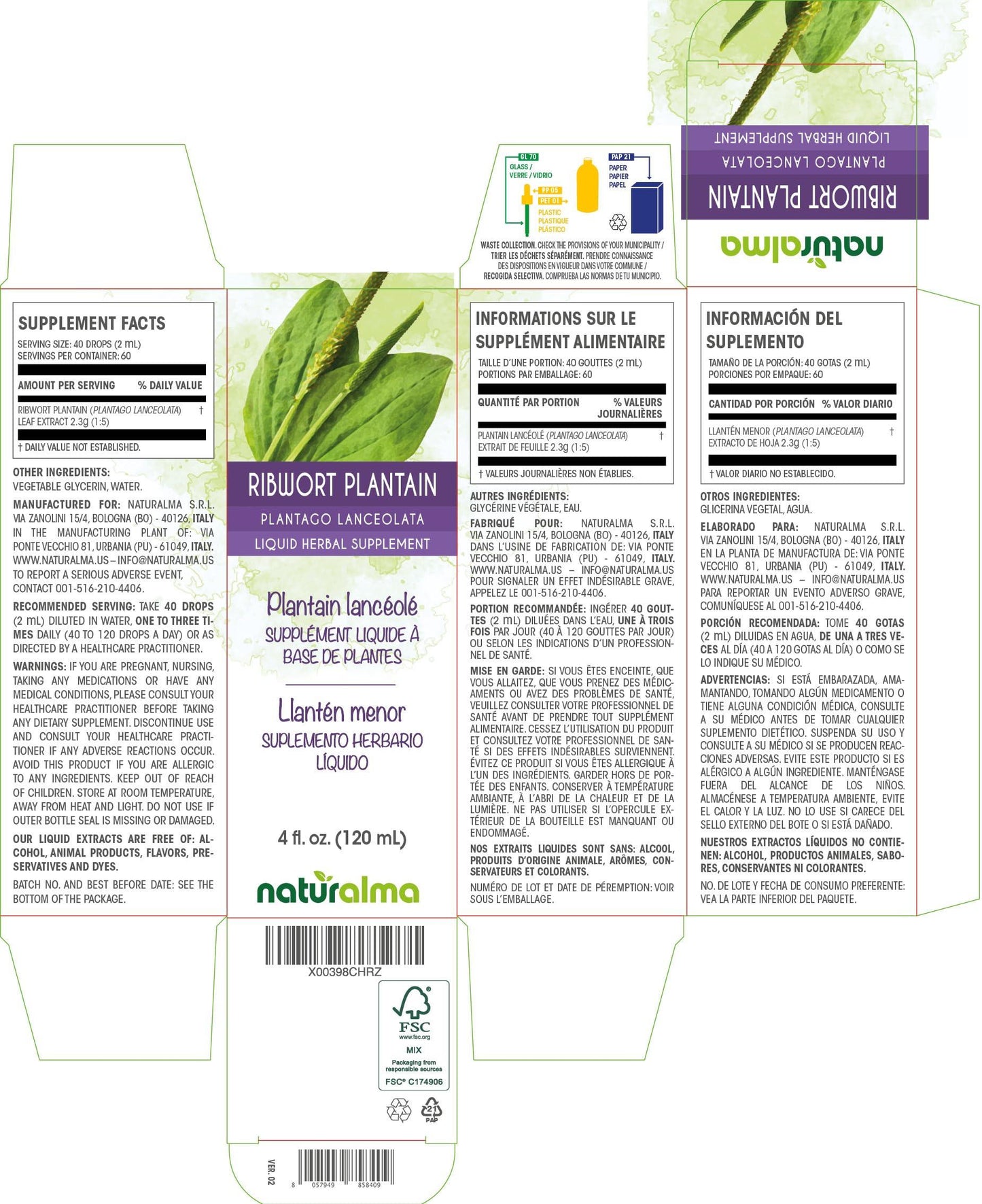 Naturalma Ribwort plantain (Plantago lanceolata) leaf Alcohol-free Tincture - Liquid extract in drops - Herbal supplement - Vegan