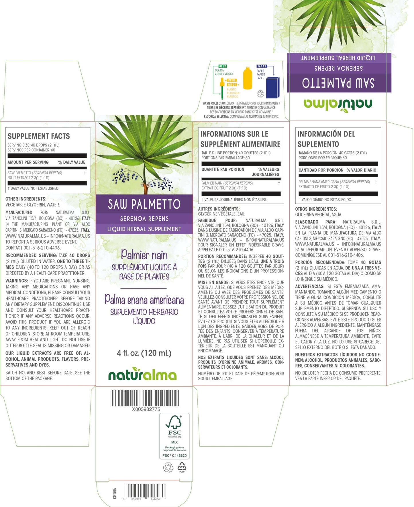 Naturalma Saw Palmetto (Serenoa repens or Sabal serrulata) Fruit Alcohol-Free Tincture - Liquid Extract in Drops - Herbal Supplement - Vegan