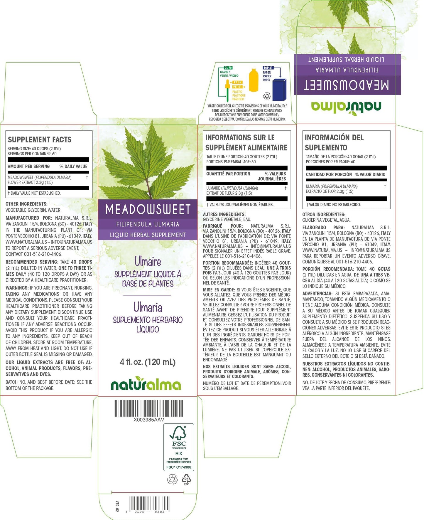 Naturalma Meadowsweet (Filipendula ulmaria or Spirea ulmaria) flower Alcohol-free Tincture - Liquid extract in drops - Herbal supplement - Vegan