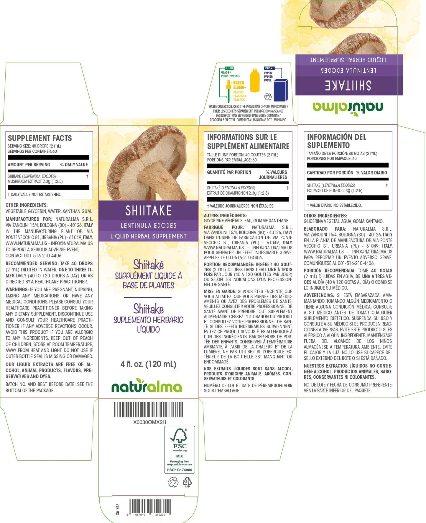 Naturalma Shiitake (Lentinula edodes) fungus or mushroom Alcohol-free Tincture - Liquid extract in drops - Herbal supplement - Vegan