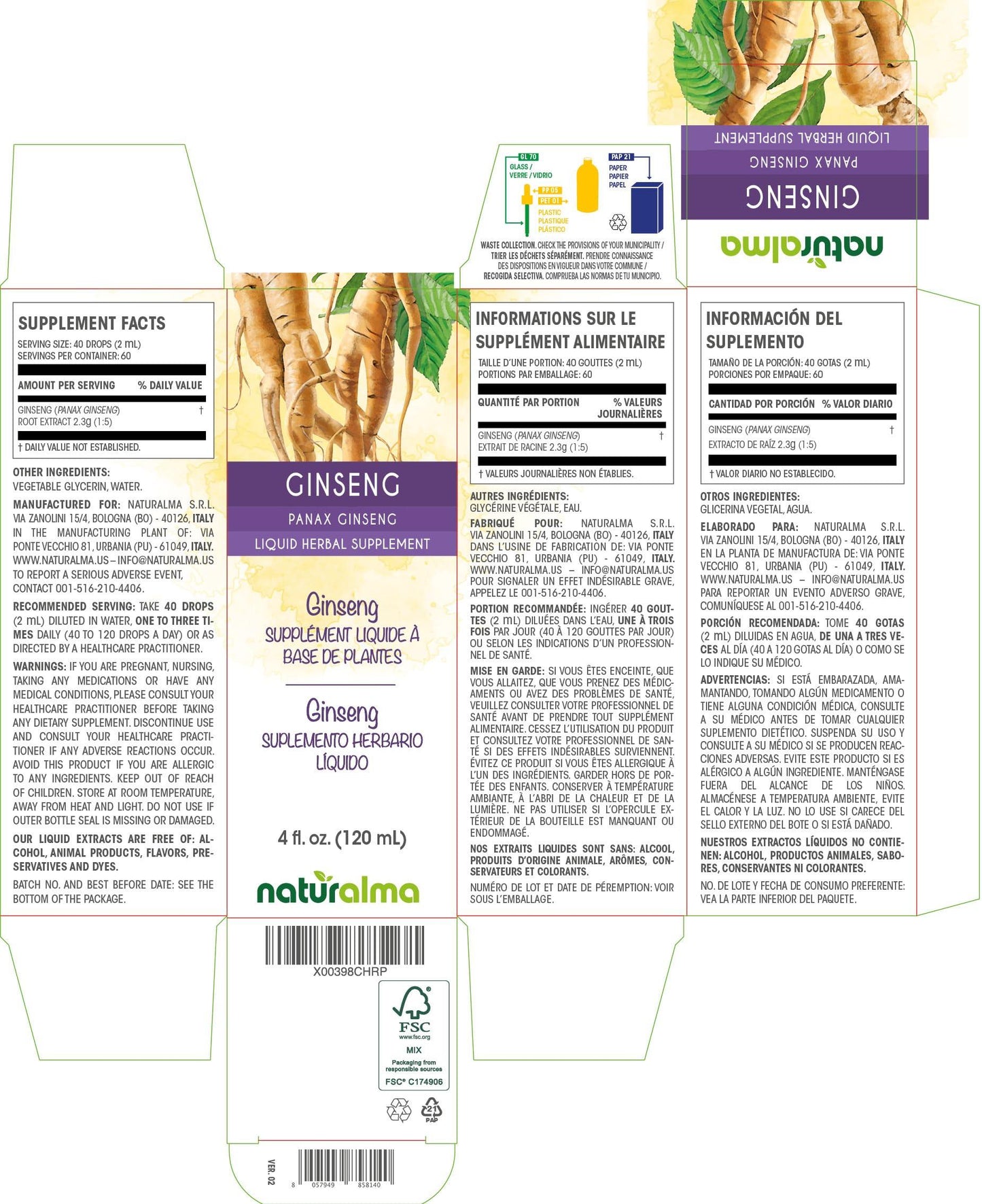 Naturalma Ginseng (Panax Ginseng) Root Alcohol-Free Tincture - Liquid Extract in Drops - Herbal Supplement - Vegan