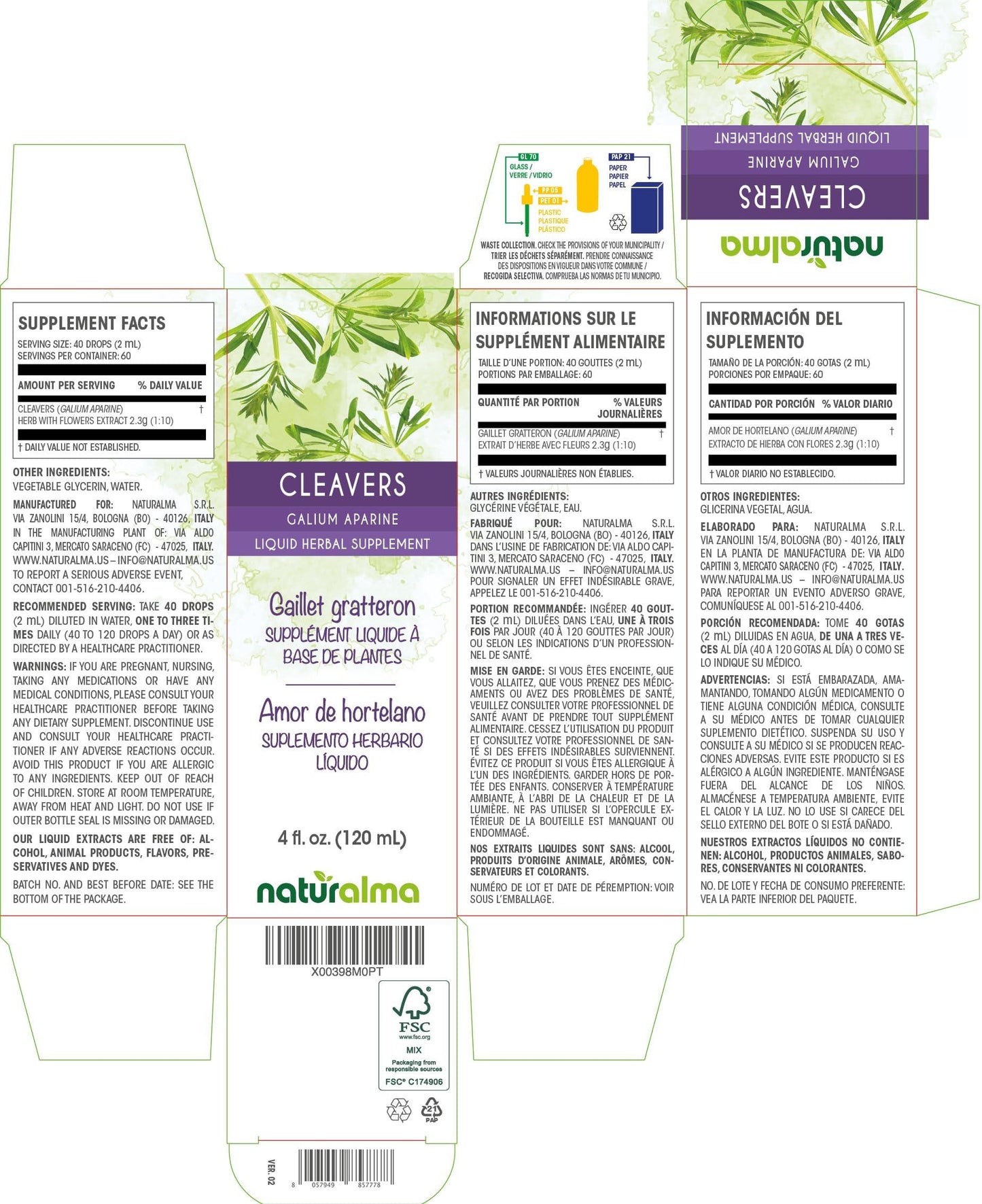 Naturalma Cleavers or Clivers (Galium aparine) herb with Flowers Alcohol-Free Tincture - Liquid Extract in Drops - Herbal Supplement - Vegan