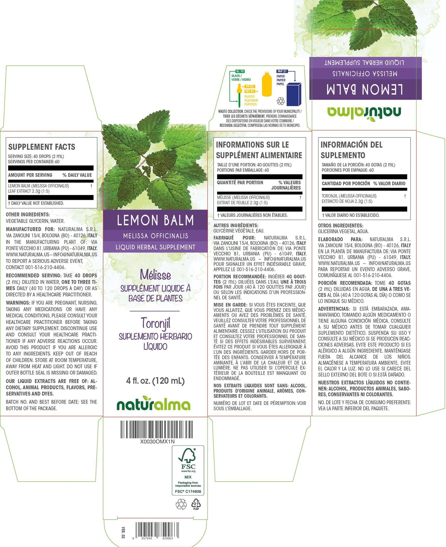 Naturalma Lemon Balm (Melissa officinalis) Leaf Tincture - Herbal Supplement - Vegan