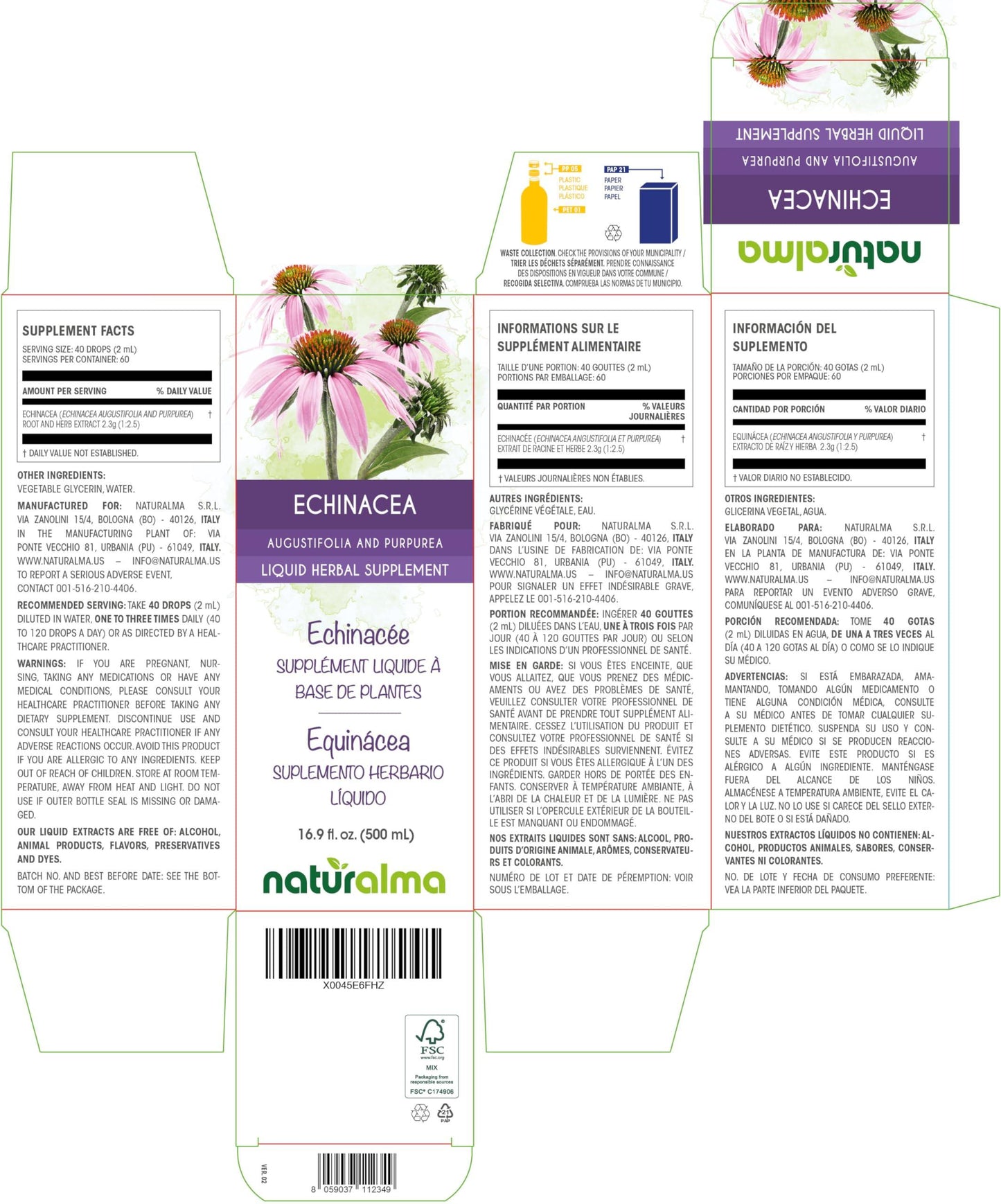 Naturalma Echinacea (Echinacea angustifolia and purpurea) Root and herb Tincture - Liquid Extract in Drops - Herbal Supplement - Vegan