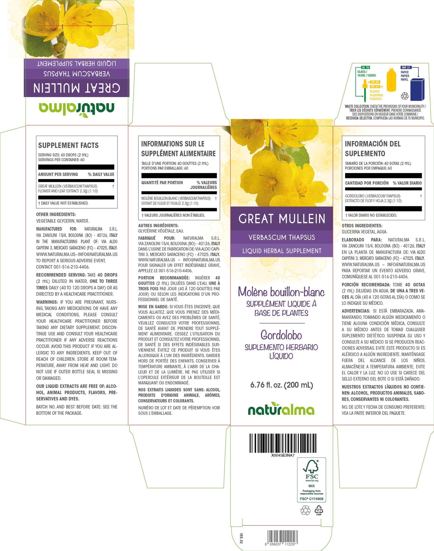 Naturalma Great mullein (Verbascum thapsus) flower and leaf Alcohol-free Tincture - Liquid extract in drops - Herbal supplement - Vegan