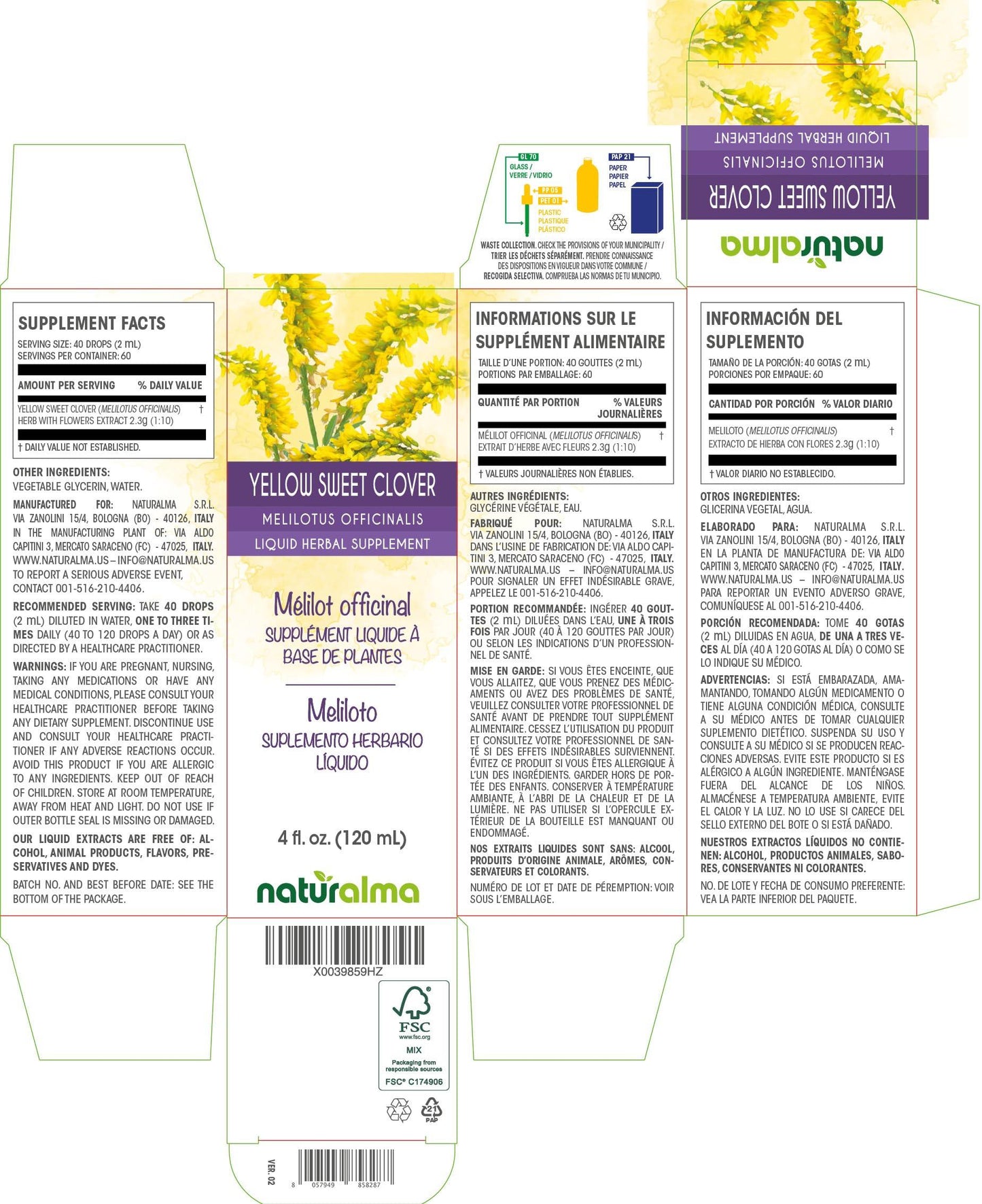 Naturalma Yellow sweet clover (Melilotus officinalis) herb with flowers Alcohol-free Tincture - Liquid extract in drops - Herbal supplement - Vegan