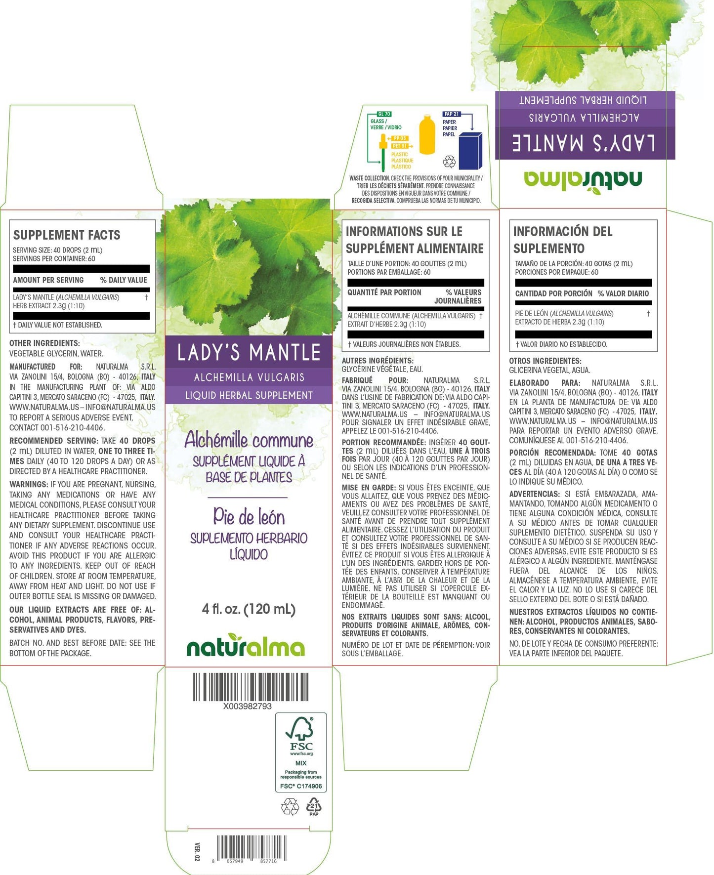 Naturalma Lady's mantle (Alchemilla vulgaris) herb Alcohol-free Tincture - Liquid extract in drops - Herbal supplement - Vegan