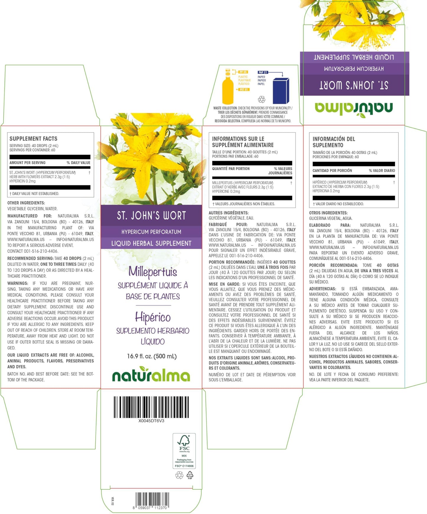 Naturalma St. John's wort (Hypericum perforatum) herb with flowers Tincture - Liquid extract in drops - Herbal supplement - Vegan