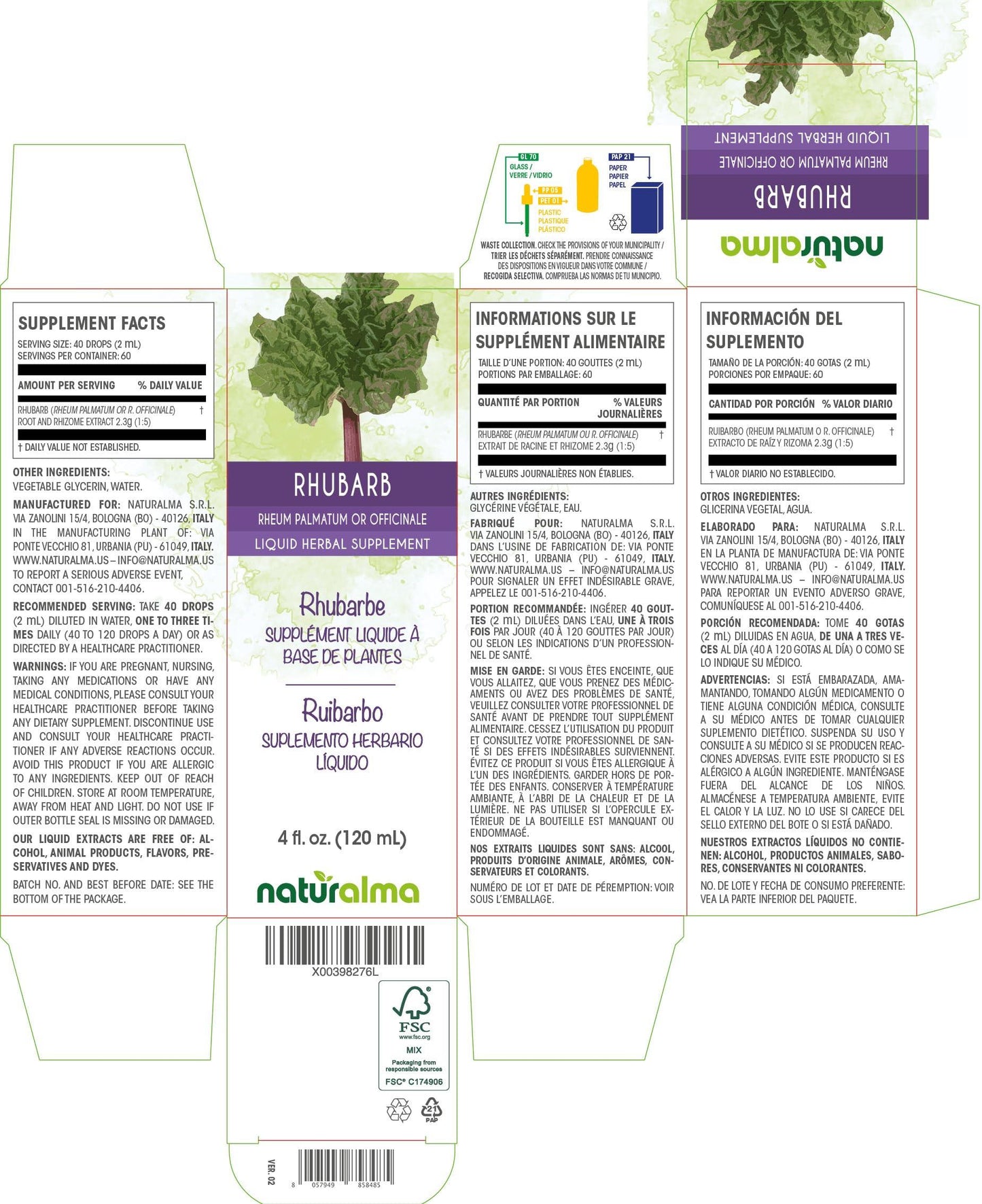 Naturalma Rhubarb (Rheum palmatum or Rheum officinale) Root and Rhizome Alcohol-Free Tincture - Liquid Extract in Drops - Herbal Supplement - Vegan
