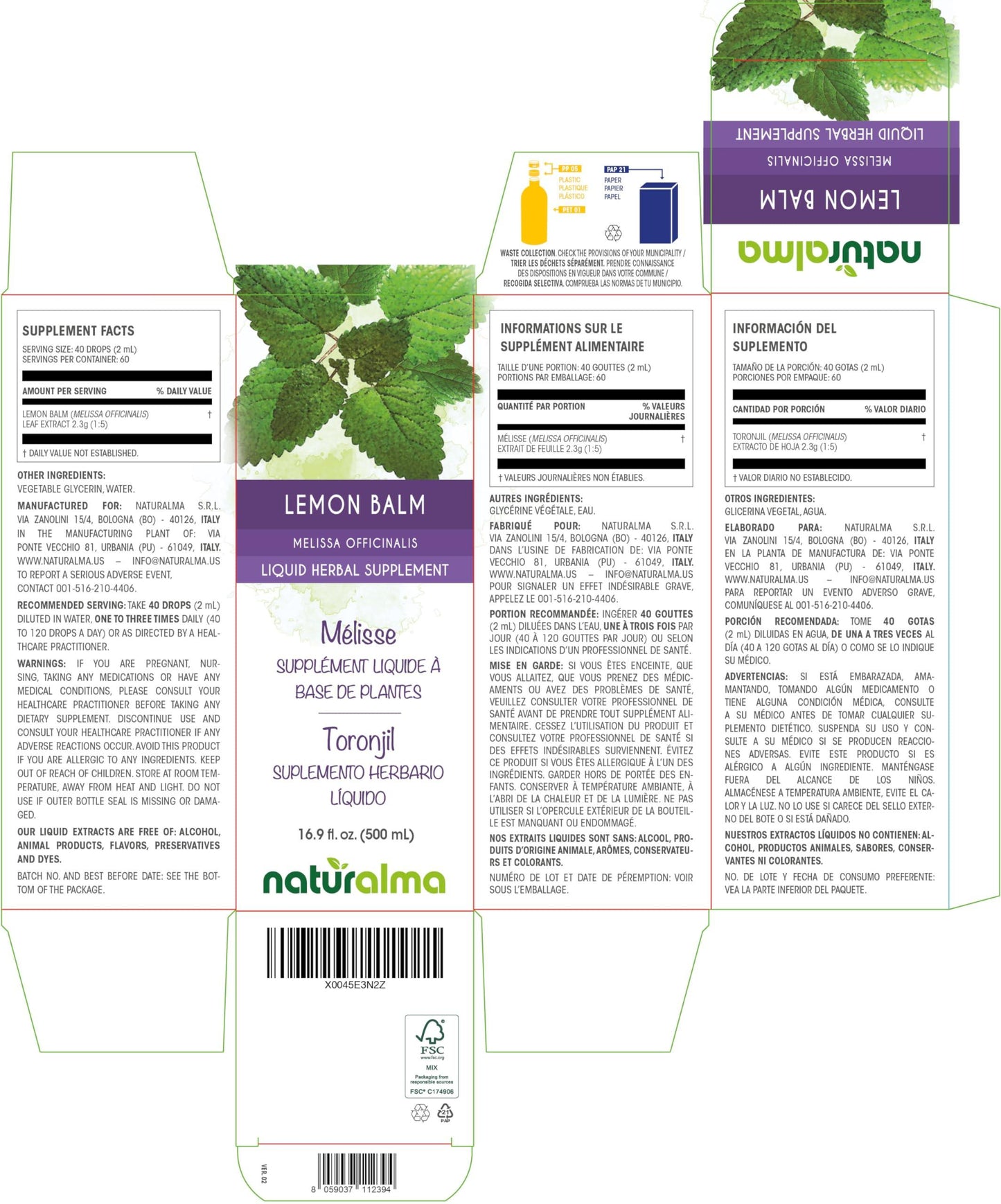 Naturalma Lemon Balm (Melissa officinalis) Leaf Tincture - Herbal Supplement - Vegan