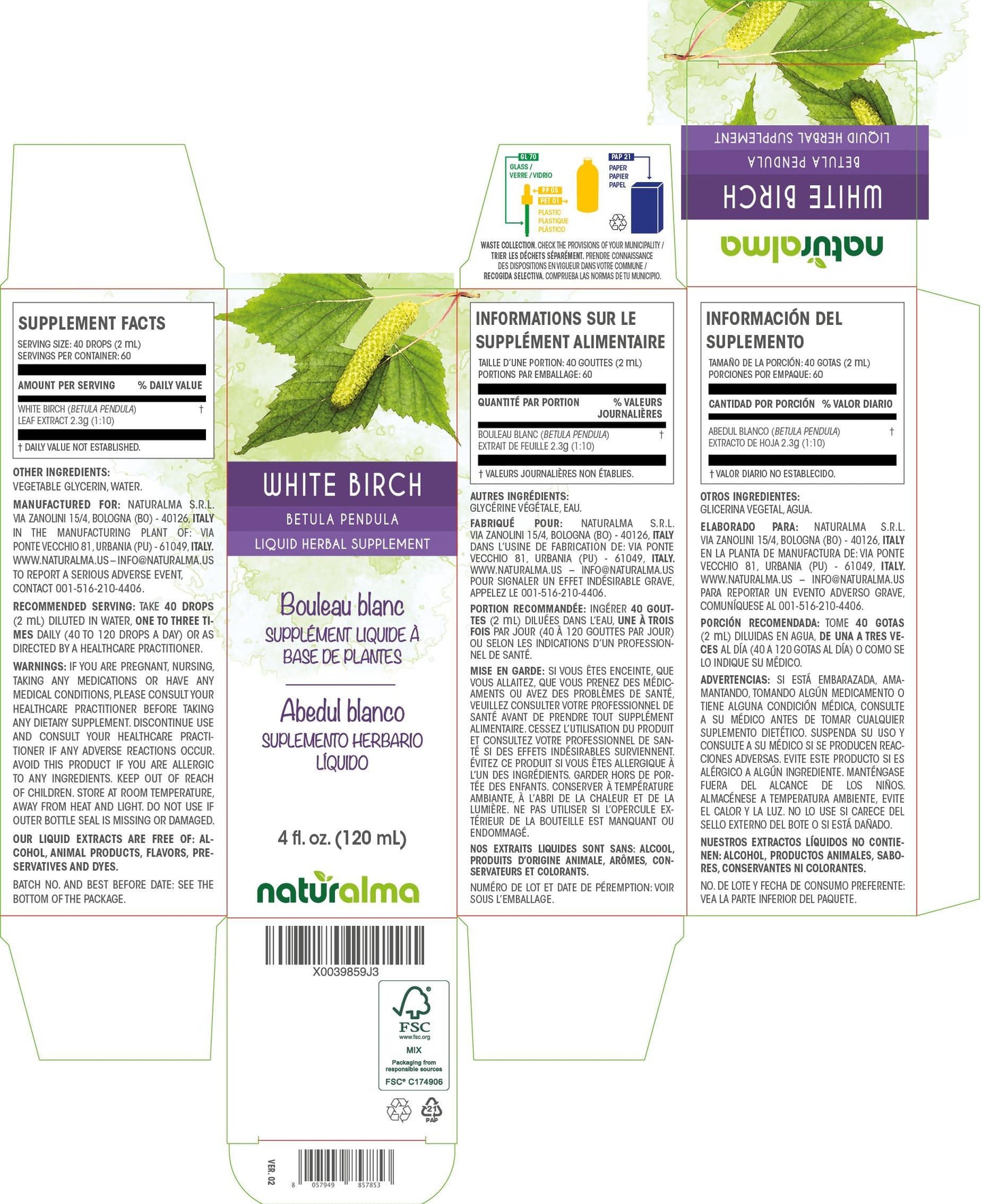Naturalma White birch (Betula pendula, alba or verrucosa) leaf Alcohol-free Tincture - Liquid extract in drops - Herbal supplement - Vegan