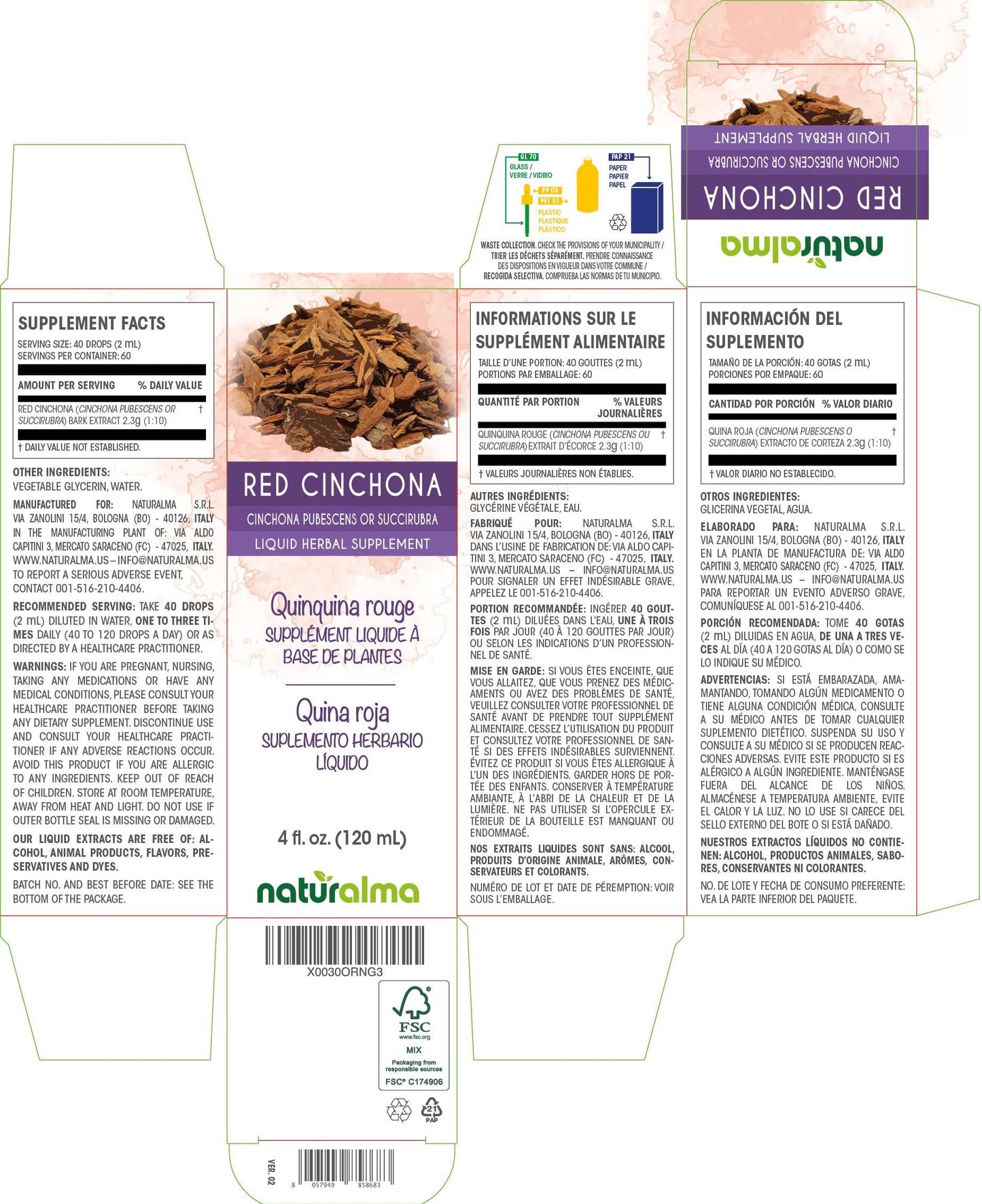 Naturalma Red Cinchona (Cinchona pubescens or succirubra) bark Alcohol-free Tincture - 4 fl oz Liquid extract in drops - Herbal supplement - Vegan
