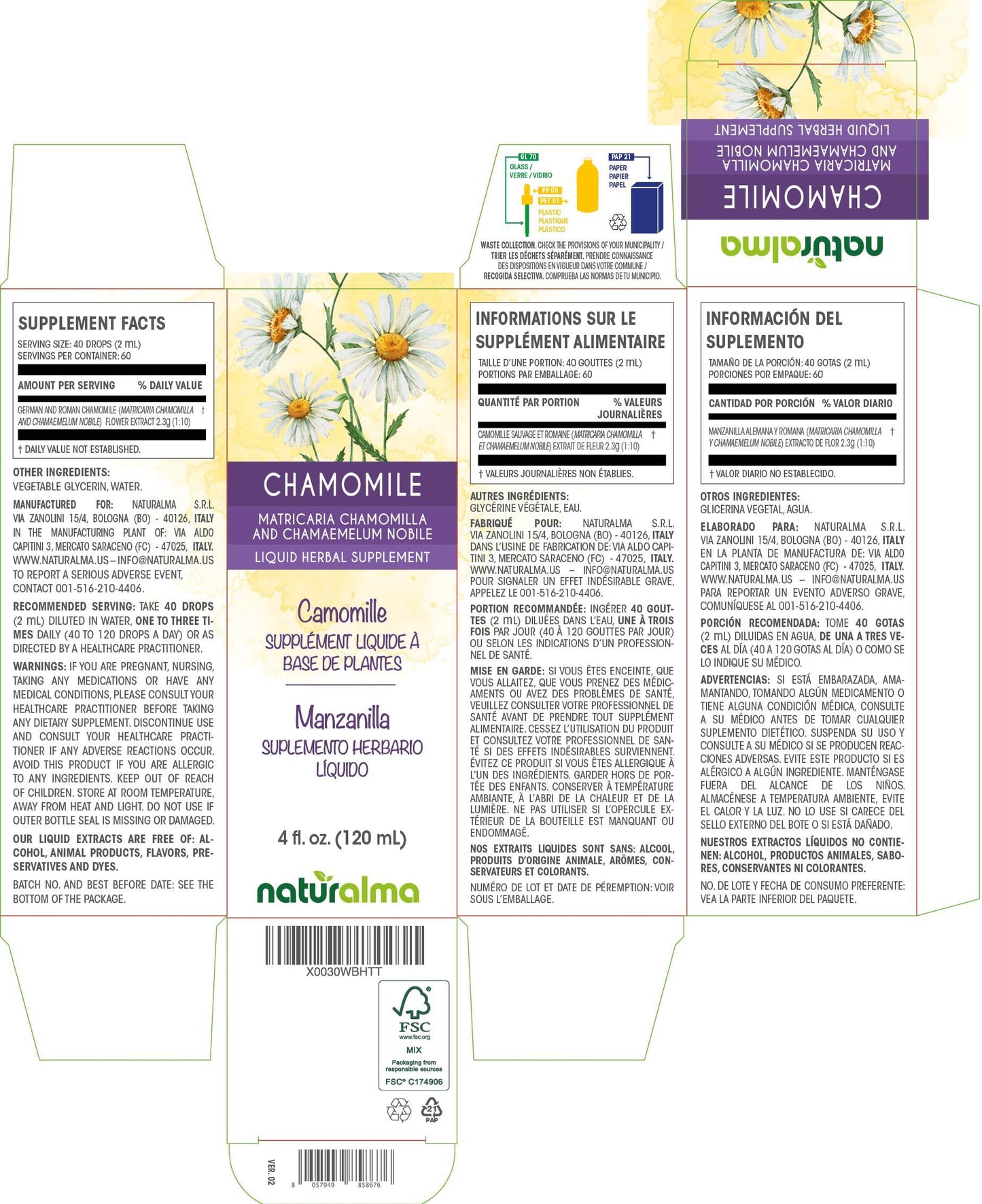 Naturalma German and Roman Chamomile (Matricaria chamomilla and Chamaemelum nobile) Flower Tincture - Liquid Extract in Drops - Herbal Supplement - Vegan