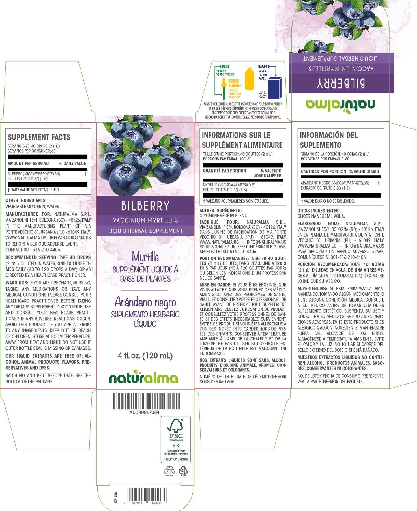 Naturalma Bilberry or European blueberry (Vaccinium myrtillus) fruit Alcohol-free Tincture - Liquid extract in drops - Herbal supplement - Vegan