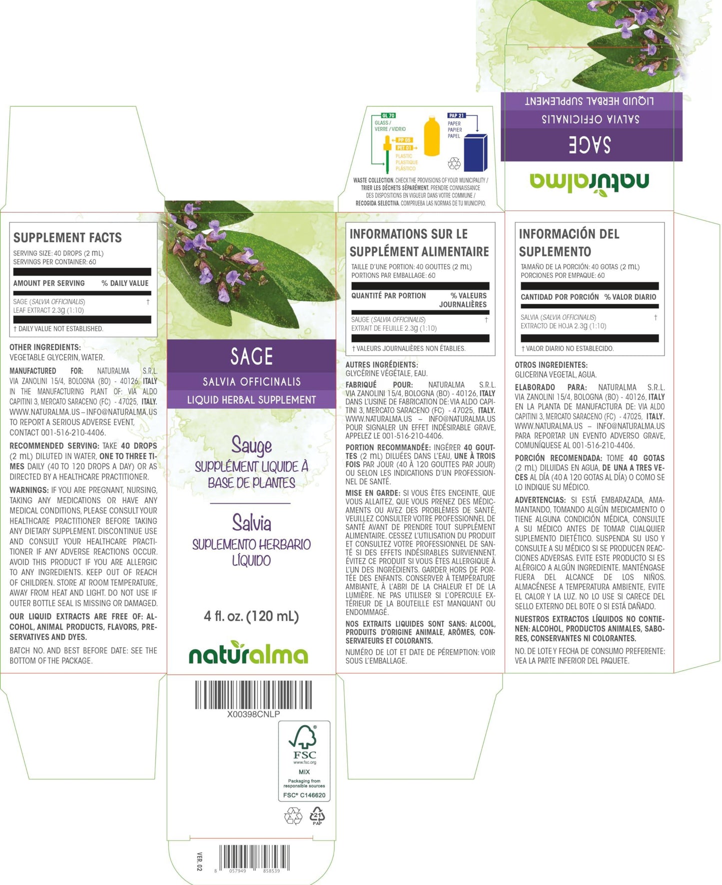 Naturalma Sage (Salvia officinalis) Leaf Alcohol-Free Tincture - Liquid Extract in Drops - Herbal Supplement - Vegan