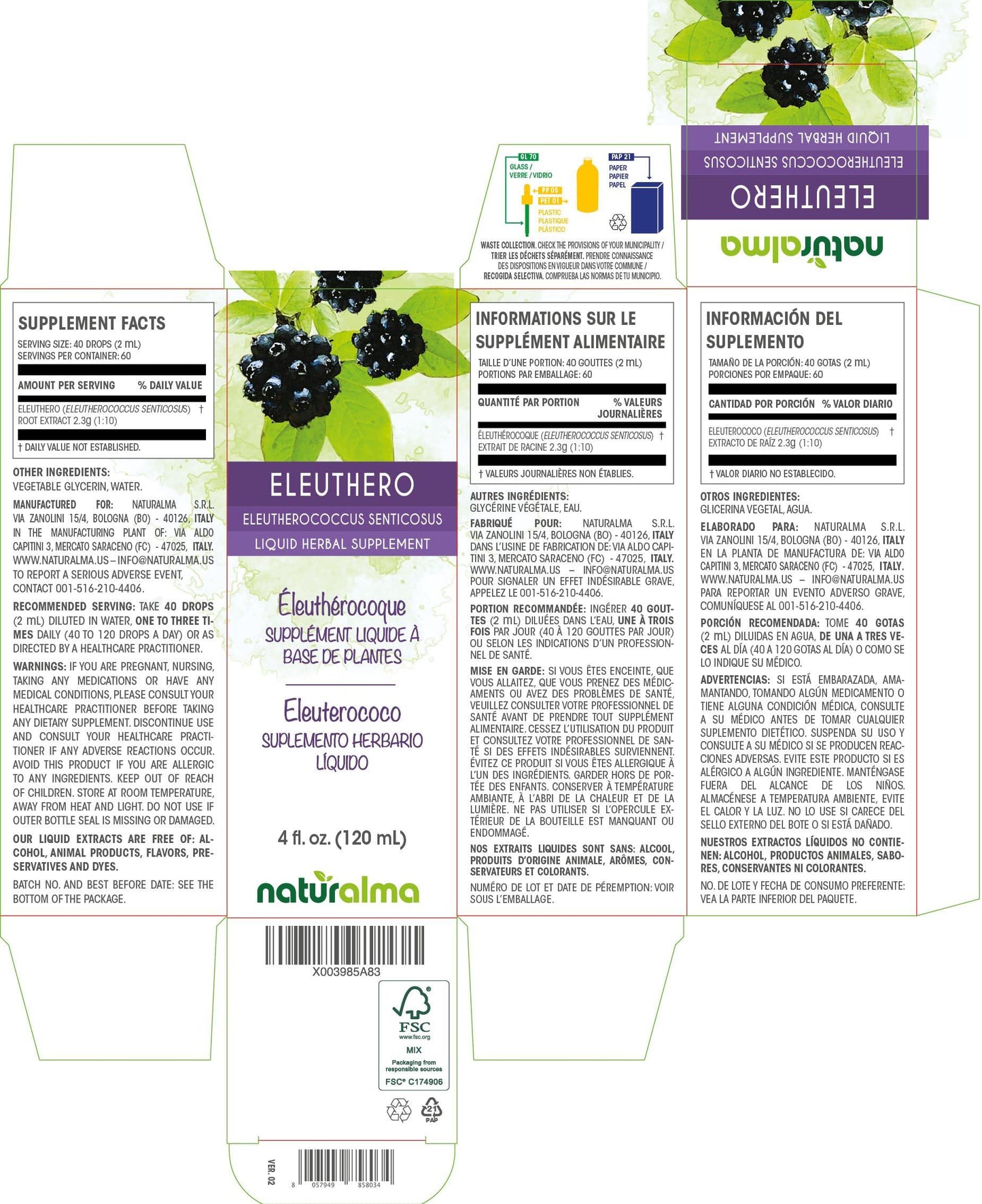 Naturalma Eleuthero or Siberian Ginseng (Eleutherococcus senticosus) Root Alcohol-Free Tincture - Liquid Extract in Drops - Herbal Supplement - Vegan