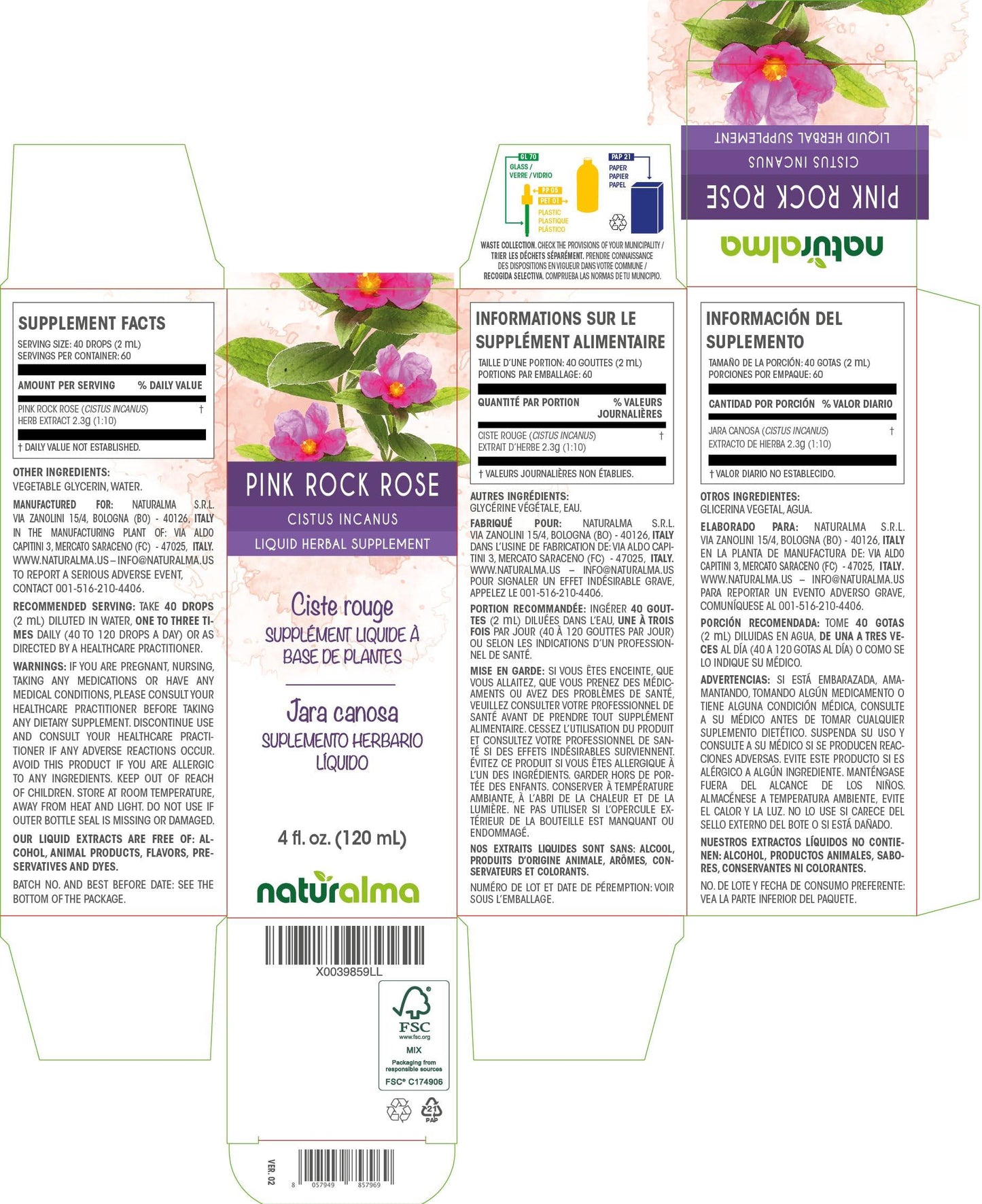 Naturalma Pink rock rose (Cistus incanus) herb Alcohol-free Tincture - Liquid extract in drops - Herbal supplement - Vegan