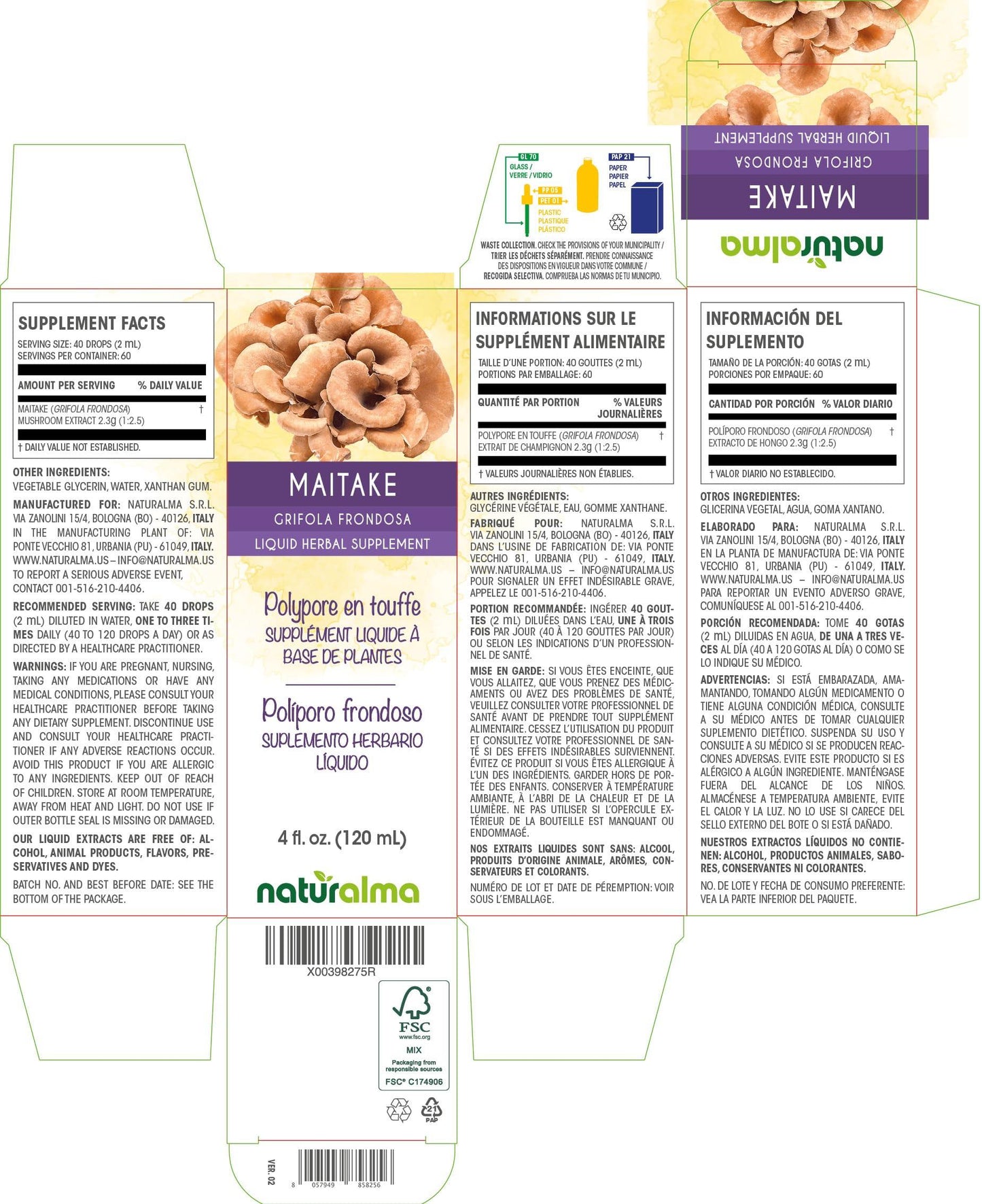 Naturalma Maitake (Grifola frondosa) fungus or mushroom Alcohol-free Tincture - Liquid extract in drops - Herbal supplement - Vegan