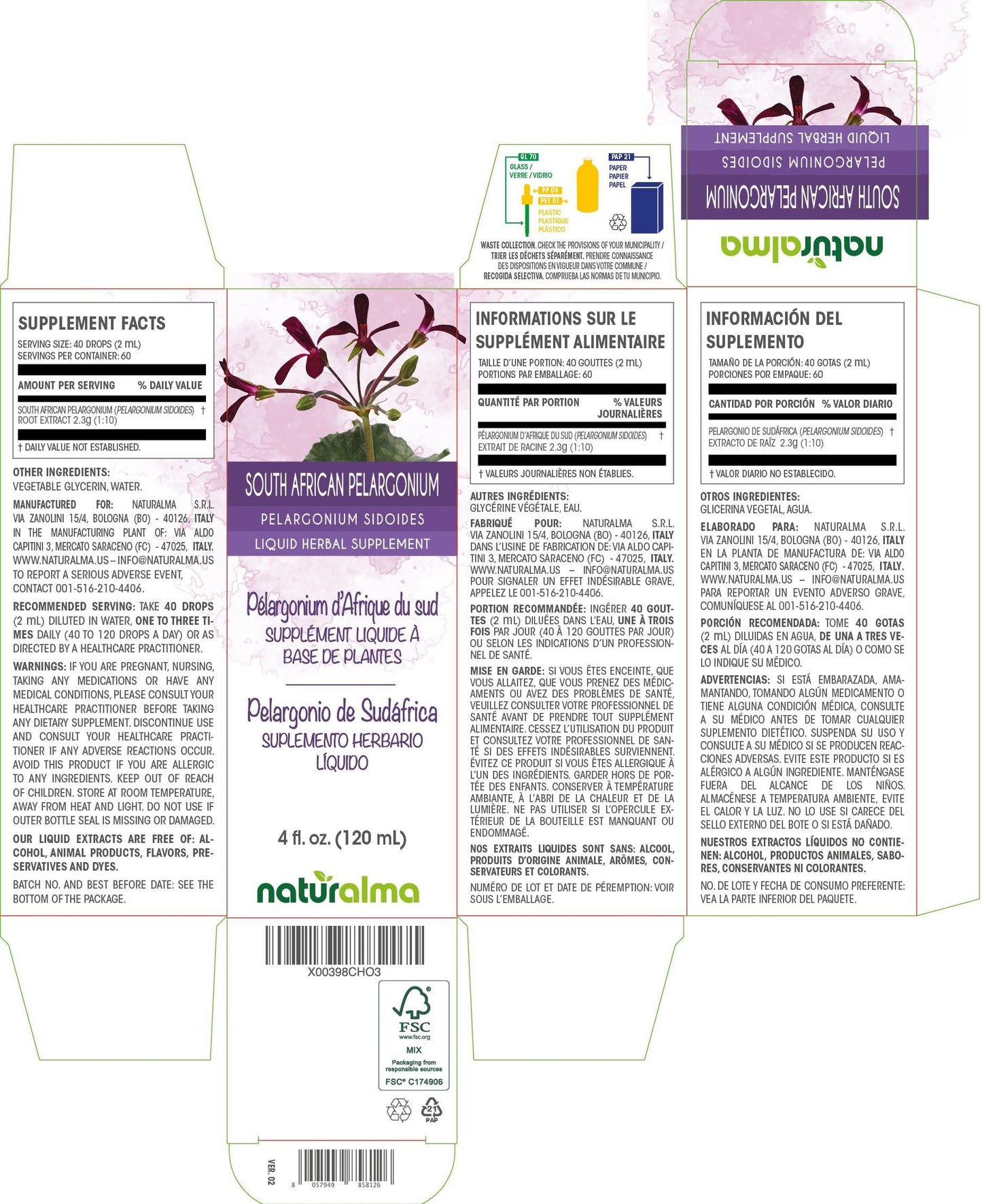 Naturalma South African pelargonium (Pelargonium sidoides) root Alcohol-free Tincture - Liquid extract in drops - Herbal supplement - Vegan