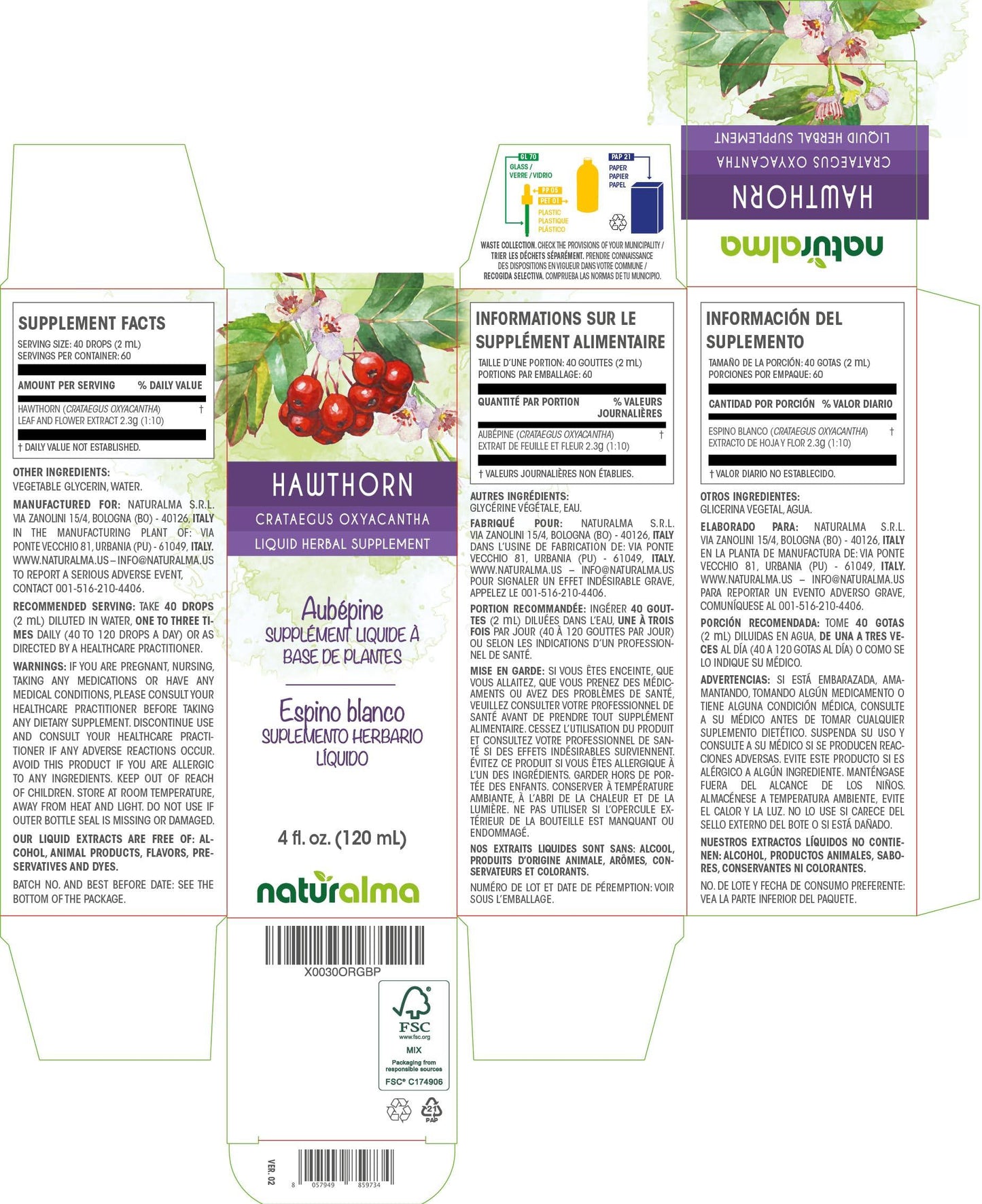 Naturalma Hawthorn (Crataegus oxyacantha) leaf and flower Tincture - Liquid extract in drops - Herbal supplement - Vegan
