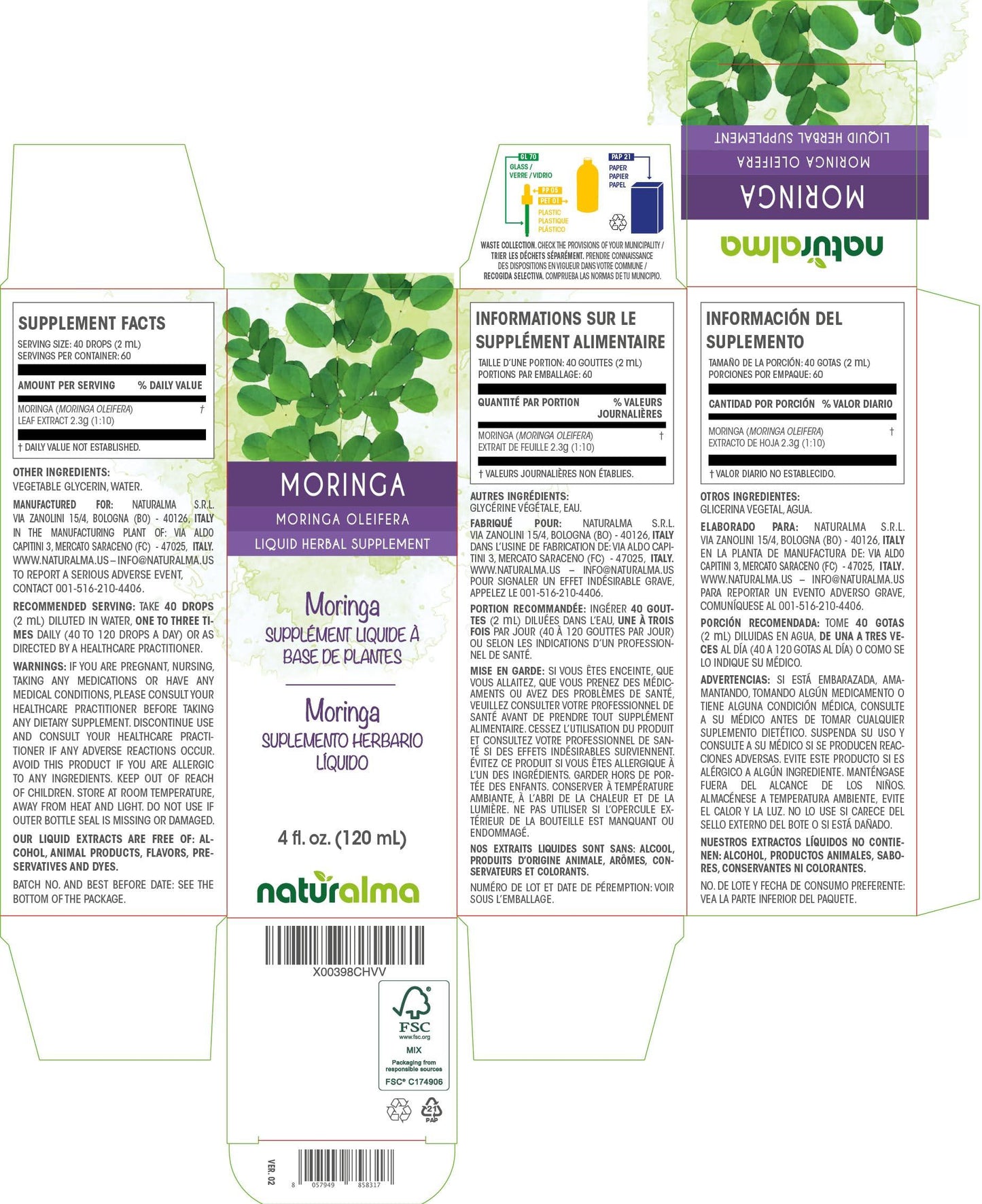 Naturalma Moringa (Moringa oleifera or Moringa aptera) leaf Alcohol-free Tincture - Liquid extract in drops - Herbal supplement - Vegan