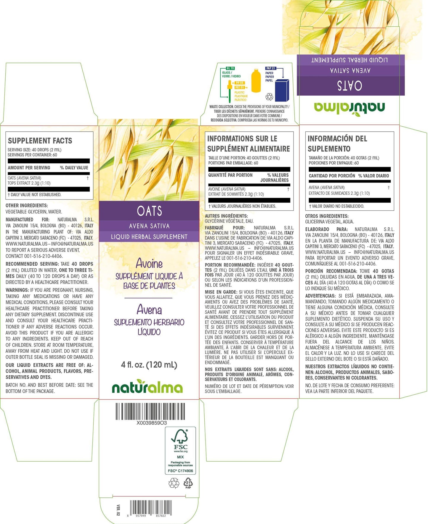 Naturalma Oats (Avena Sativa) Tops Alcohol-Free Tincture - Liquid Extract in Drops - Herbal Supplement - Vegan