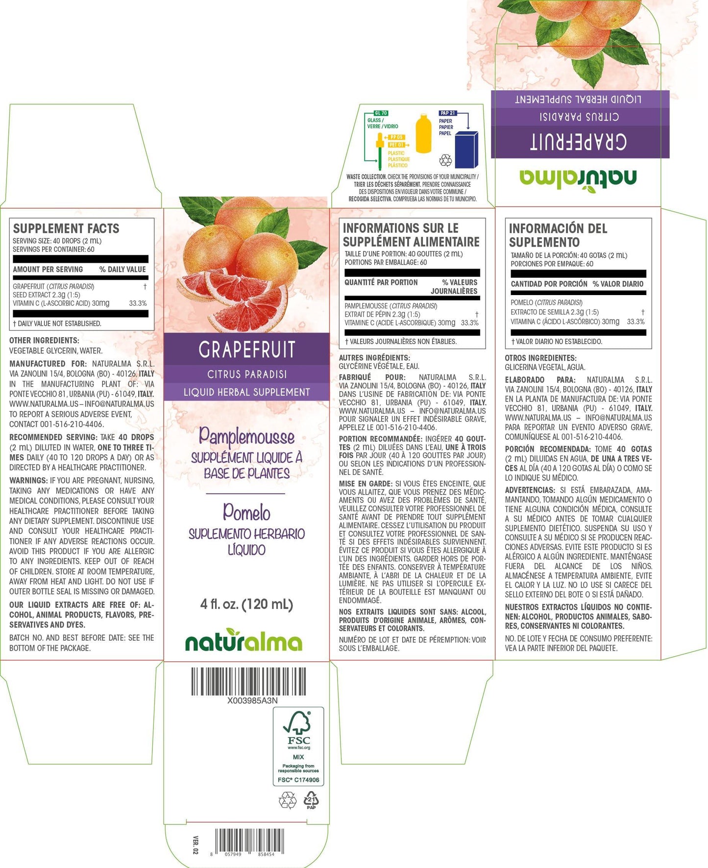 Naturalma Grapefruit (Citrus paradisi) seed Alcohol-free Tincture - Enriched with Vitamin C - Liquid extract in drops - Herbal supplement - Vegan
