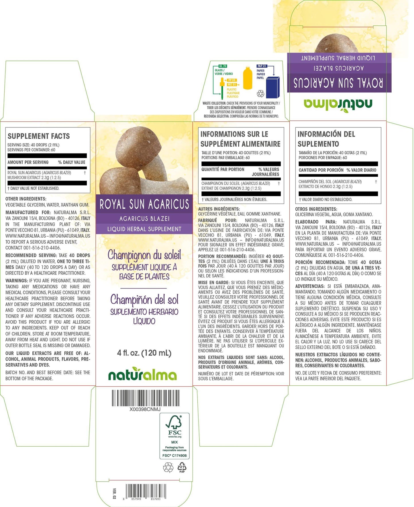 Naturalma Royal sun agaricus (Agaricus blazei or A. subrufescens) mushroom Alcohol-free Tincture - Liquid extract in drops - Herbal supplement - Vegan