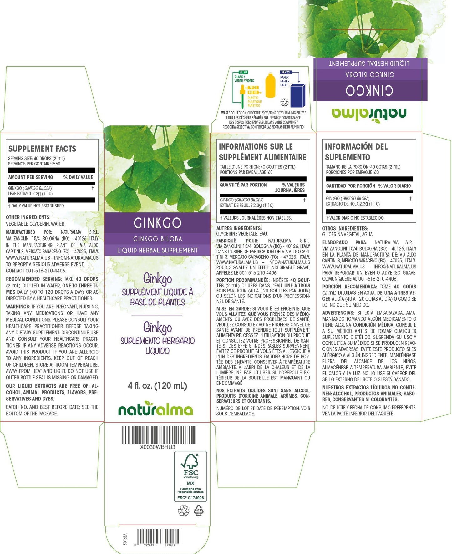 Naturalma Ginkgo (Ginkgo biloba) leaf Alcohol-free Tincture - 4 fl oz Liquid extract in drops - Herbal supplement - Vegan